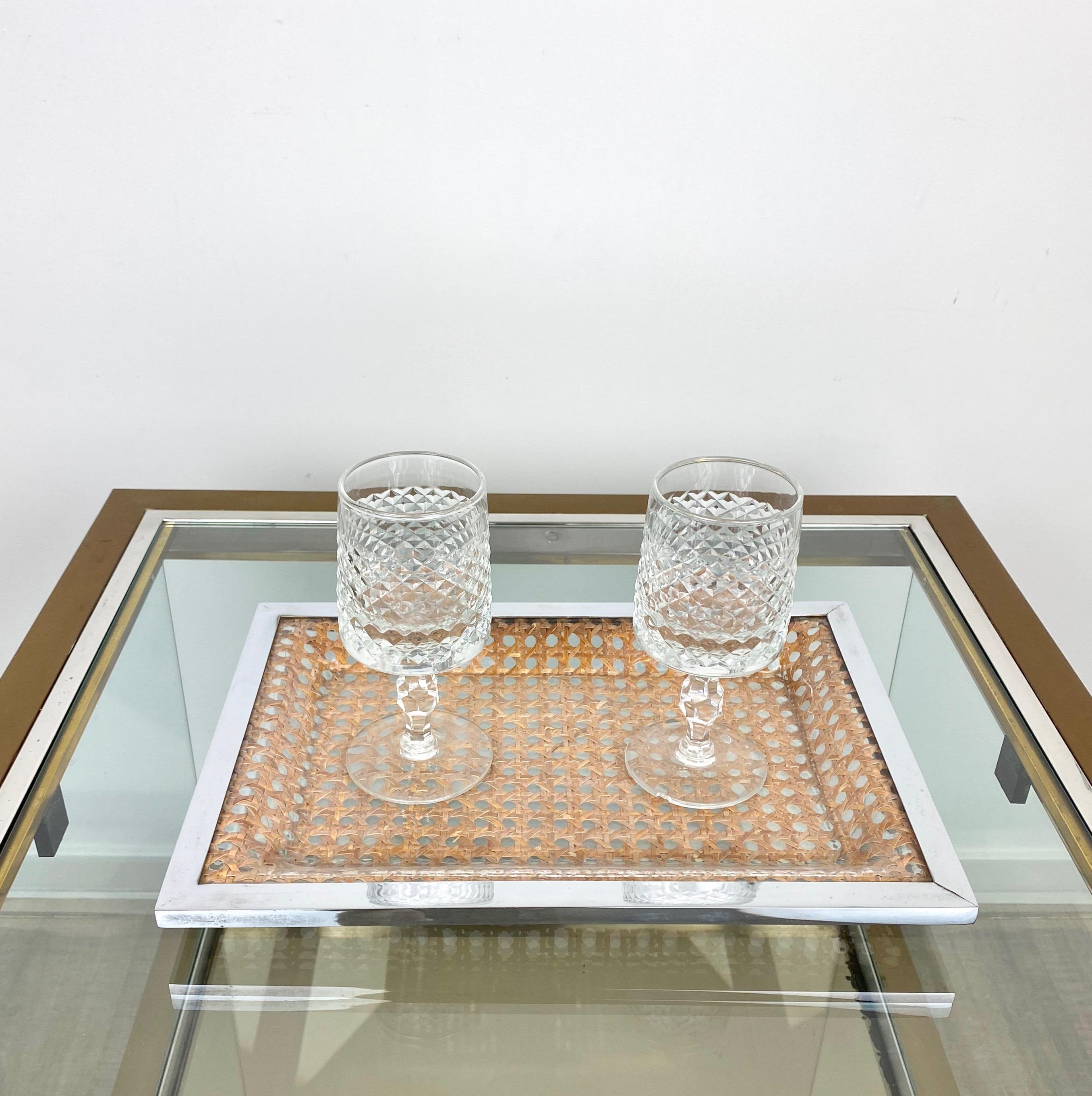 Serving Tray Centrepiece Christian Dior Home Chrome Lucite and Wicker, 1970s 1