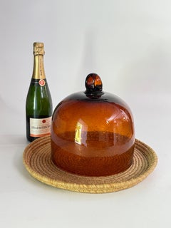 Serving Tray Cloche Plate Bell for Cheese or Fruit in Rattan and Glass Italy