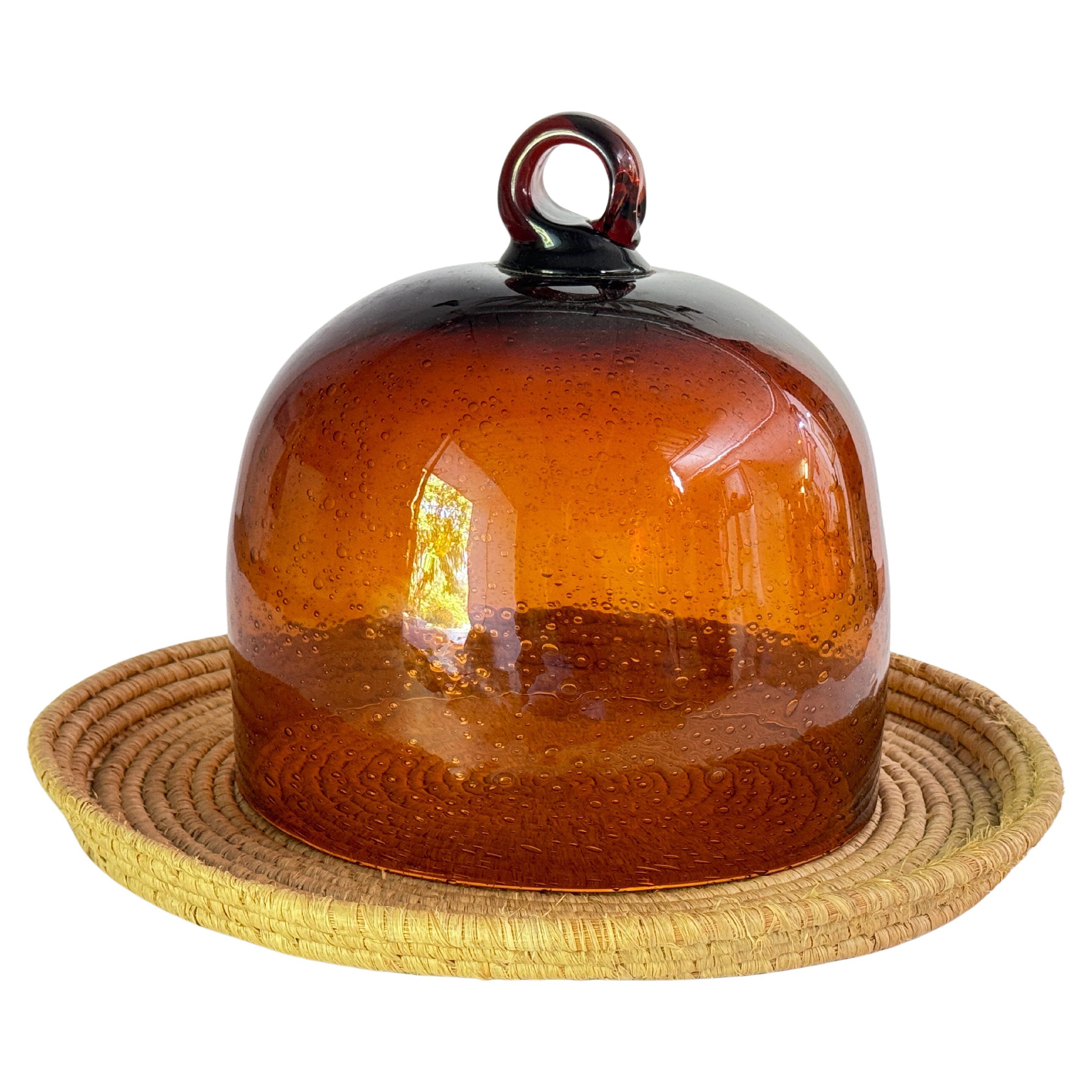 Serving Tray Cloche Plate Bell for Cheese or Fruit in Rattan and Glass Italy