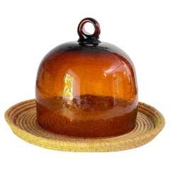 Serving Tray Cloche Plate Bell for Cheese or Fruit in Rattan and Glass Italy