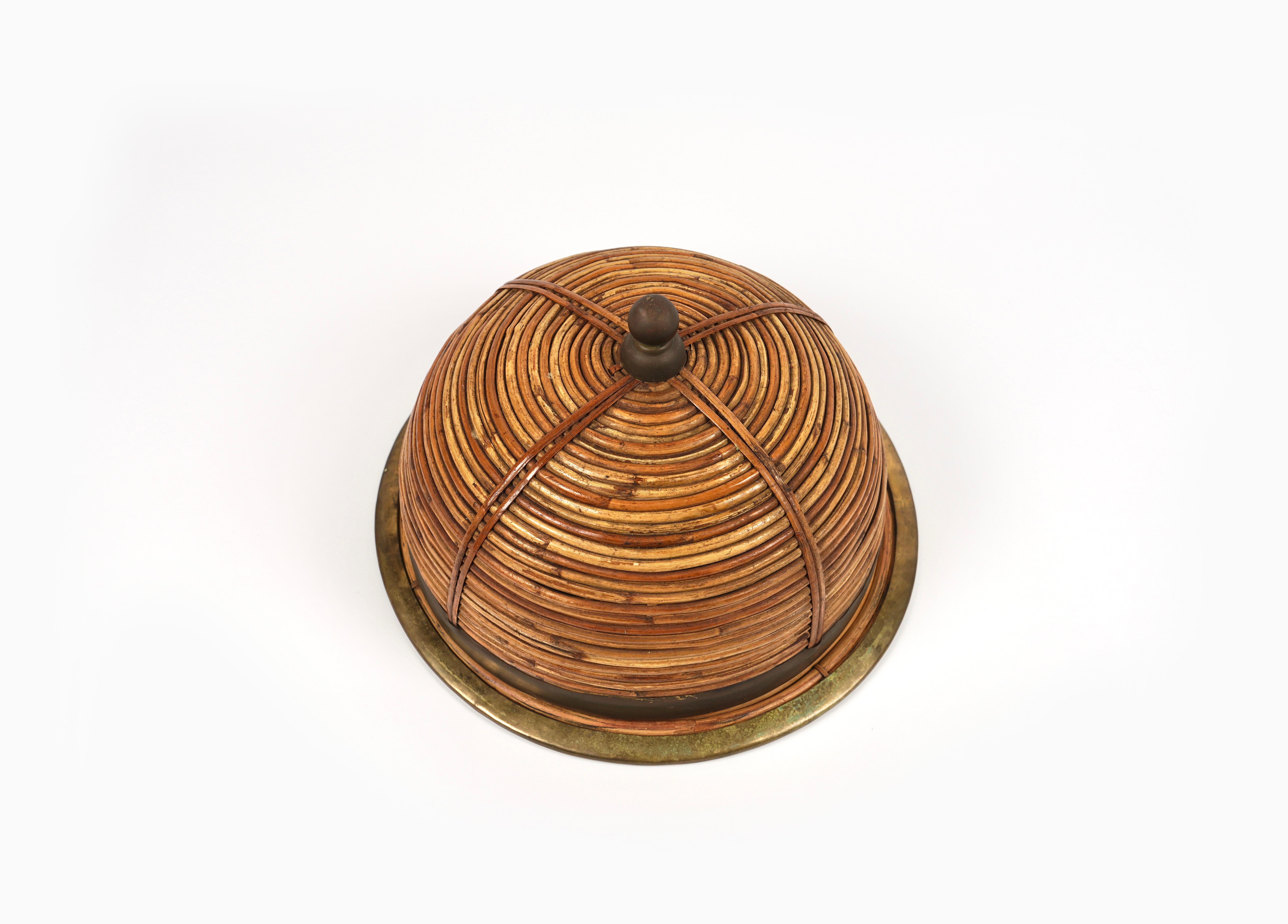 Serving Tray Cloche Plate Bell in Rattan and Brass Italy, 1970s 3