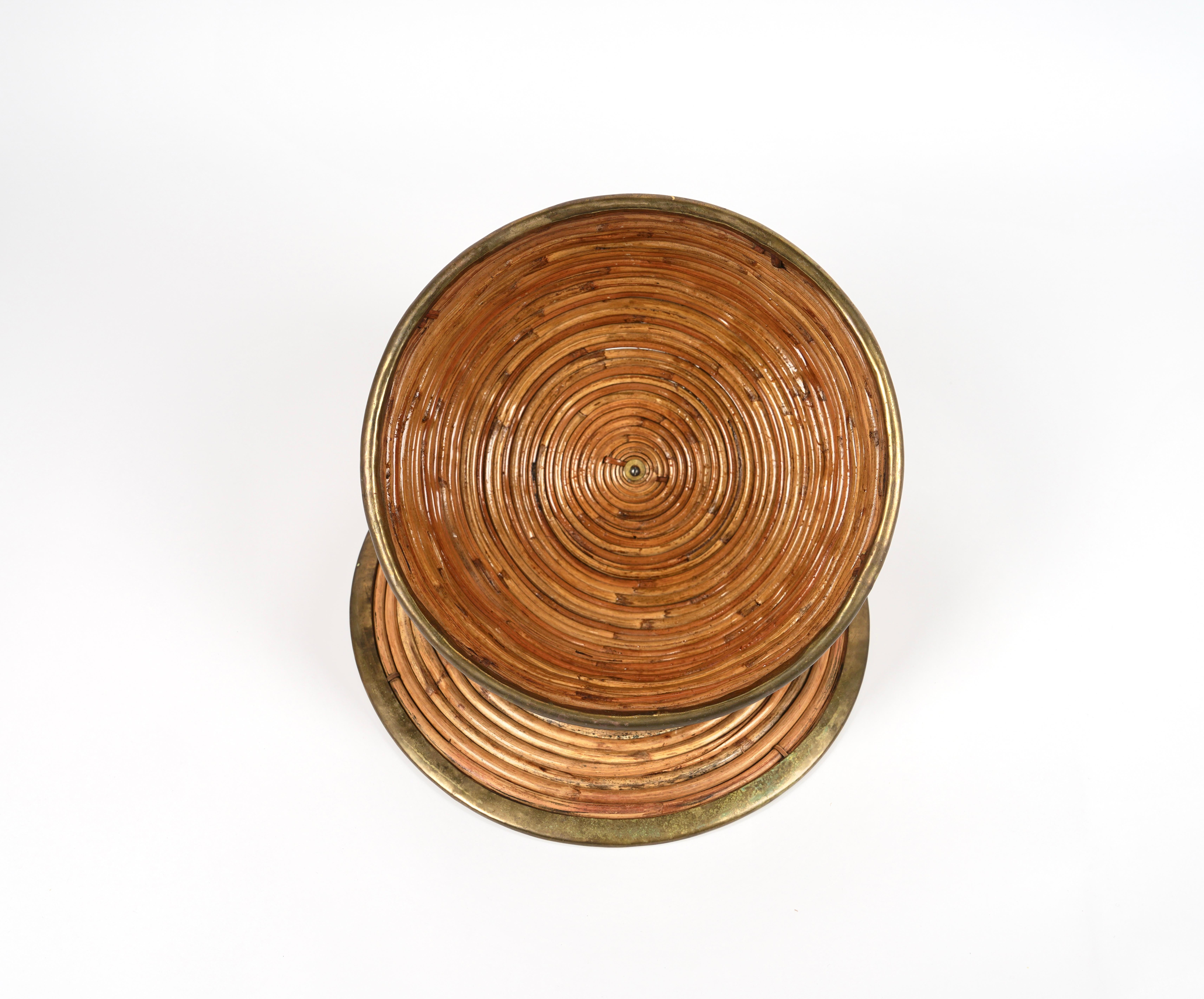 Serving Tray Cloche Plate Bell in Rattan and Brass Italy, 1970s 4