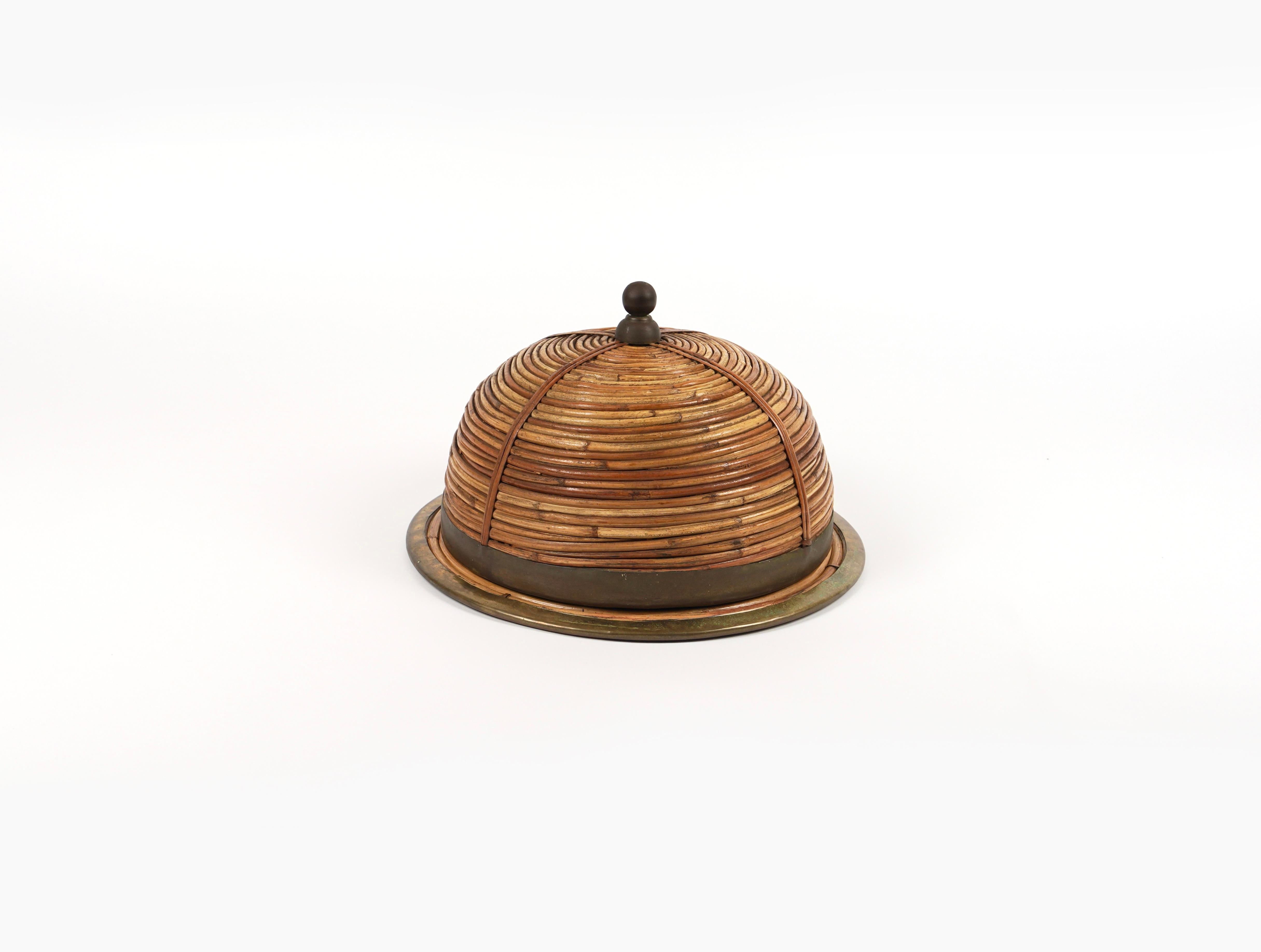 Italian Serving Tray Cloche Plate Bell in Rattan and Brass Italy, 1970s