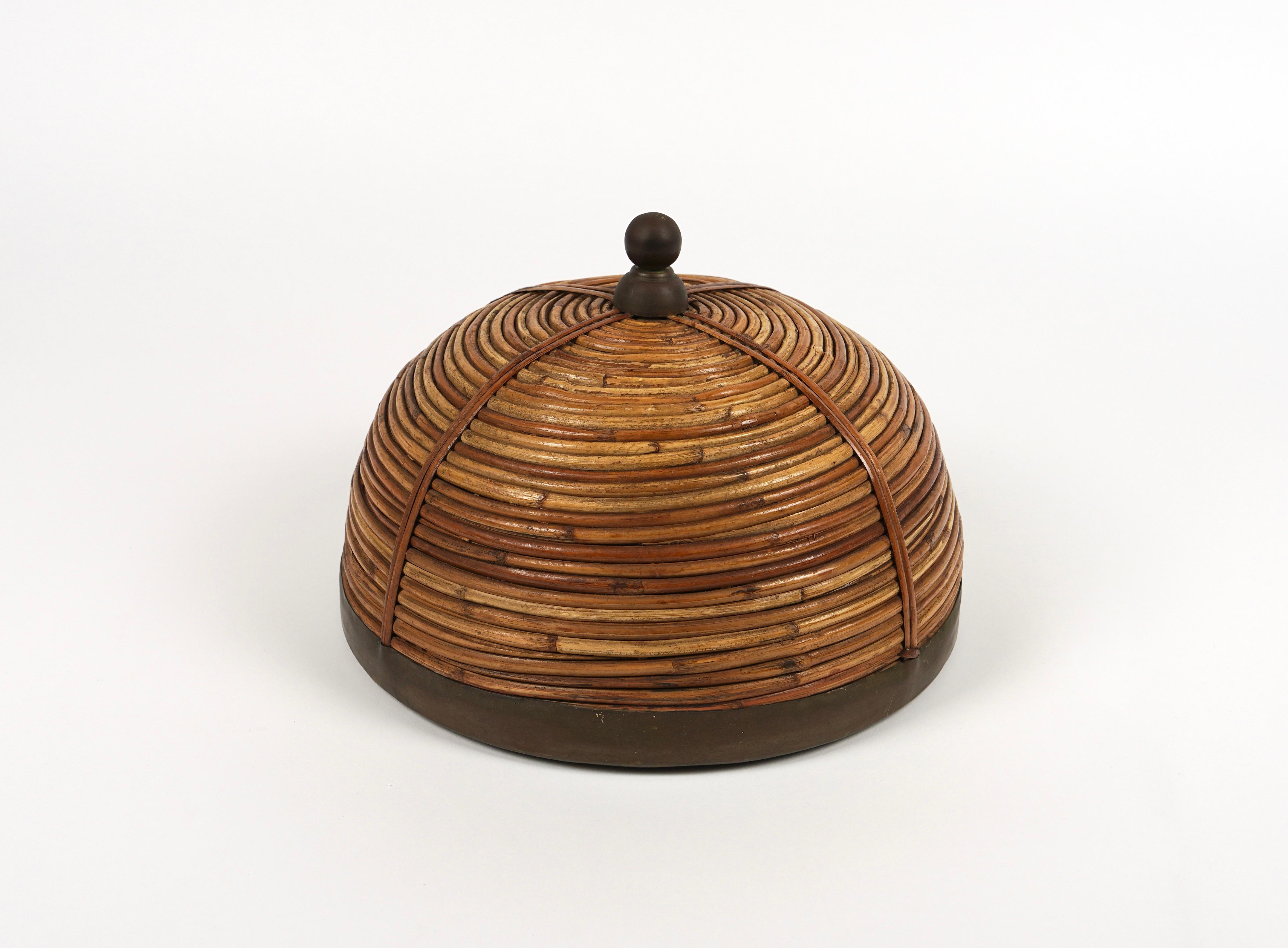Late 20th Century Serving Tray Cloche Plate Bell in Rattan and Brass Italy, 1970s