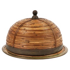 Serving Tray Cloche Plate Bell in Rattan and Brass Italy, 1970s