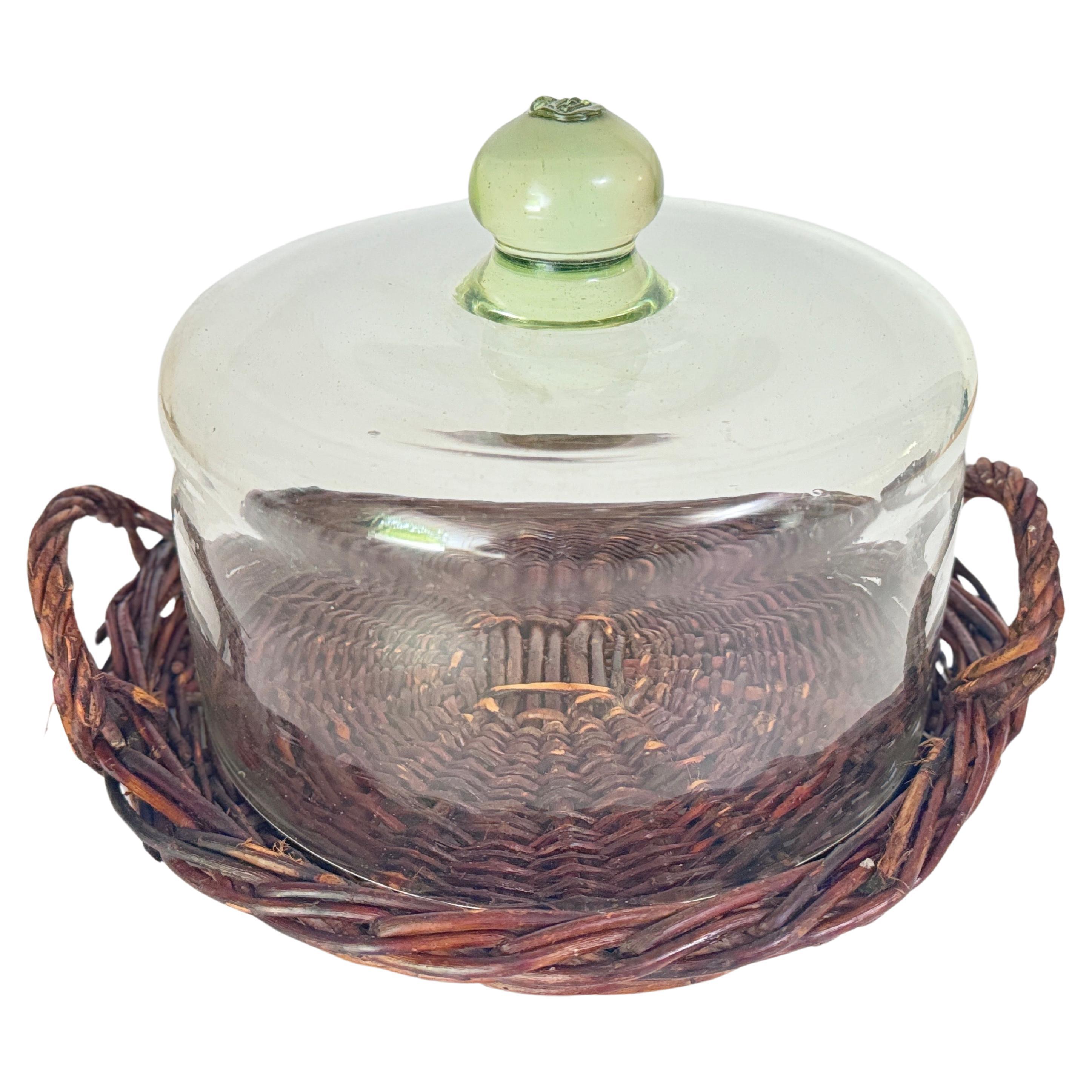 Serving Tray Cloche Plate Bell in Rattan and Glass Italy, 1970s