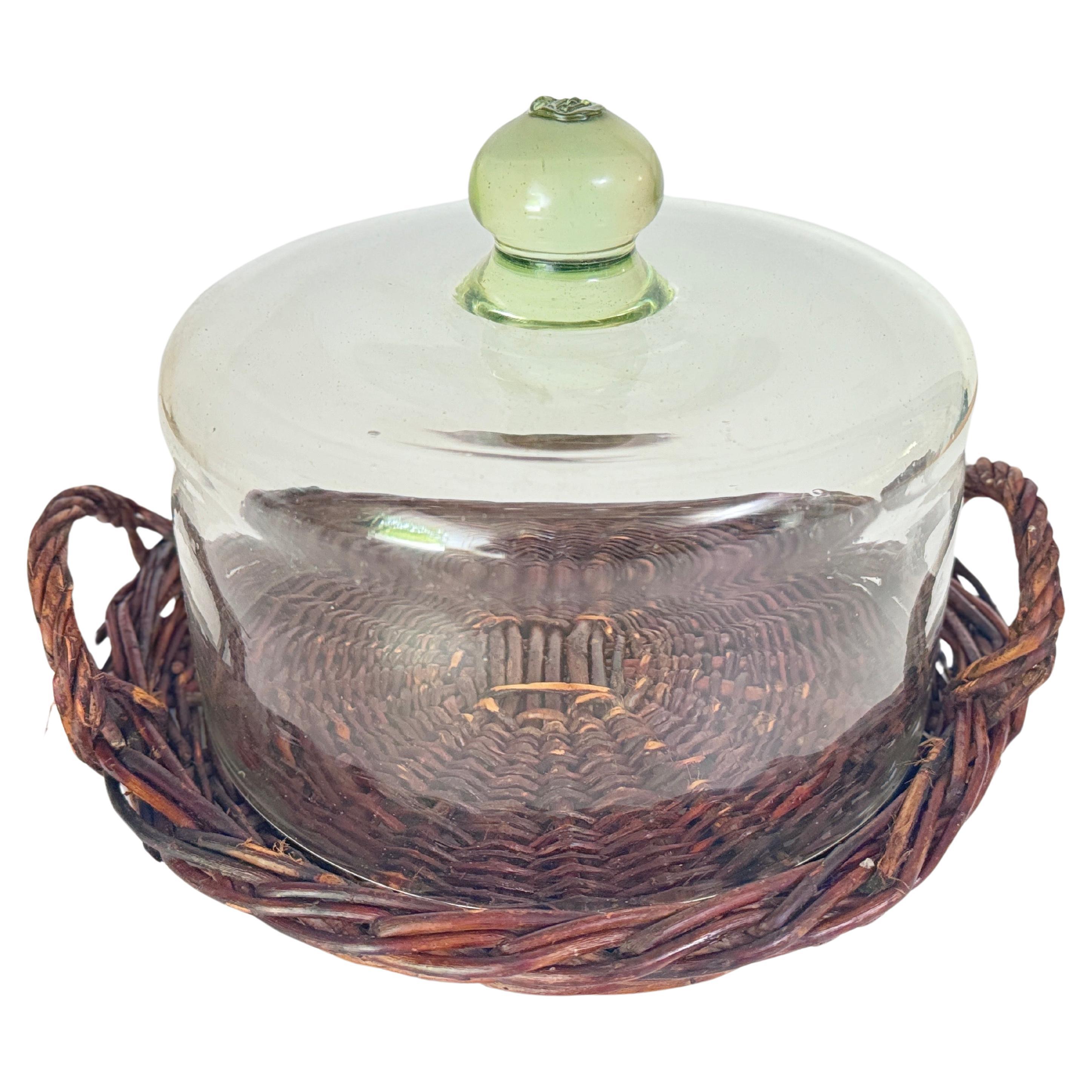 Bandeja de servir Plato Cloche Campana de ratán y cristal Italia, años 70