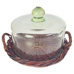 Vintage Serving Tray Cloche Plate Bell in Rattan and Glass Italy, 1970s
