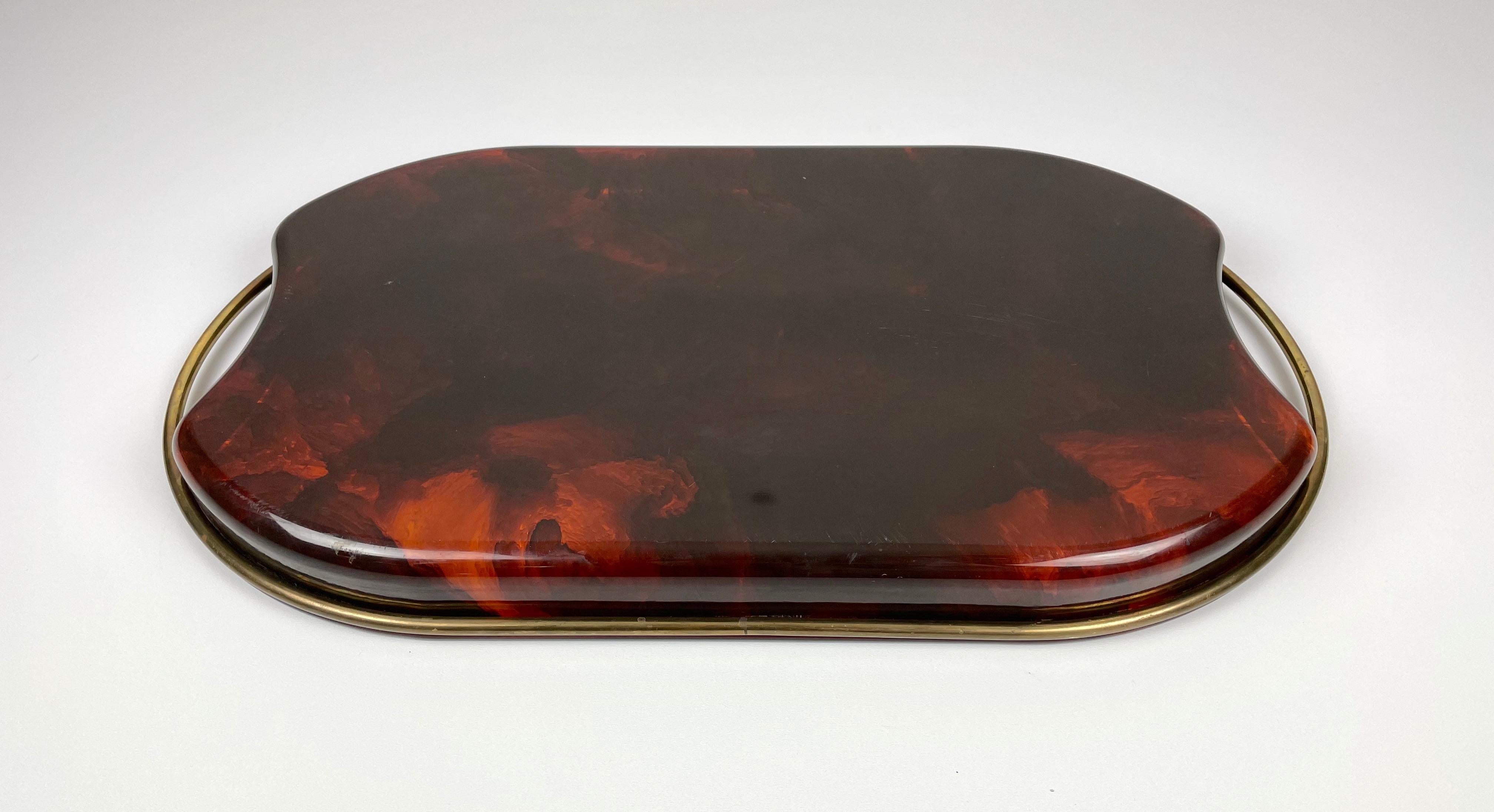 Serving Tray Faux Tortoise Shell Lucite and Brass, Italy, 1970s 4