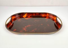 Serving Tray Faux Tortoise Shell Lucite and Brass, Italy, 1970s