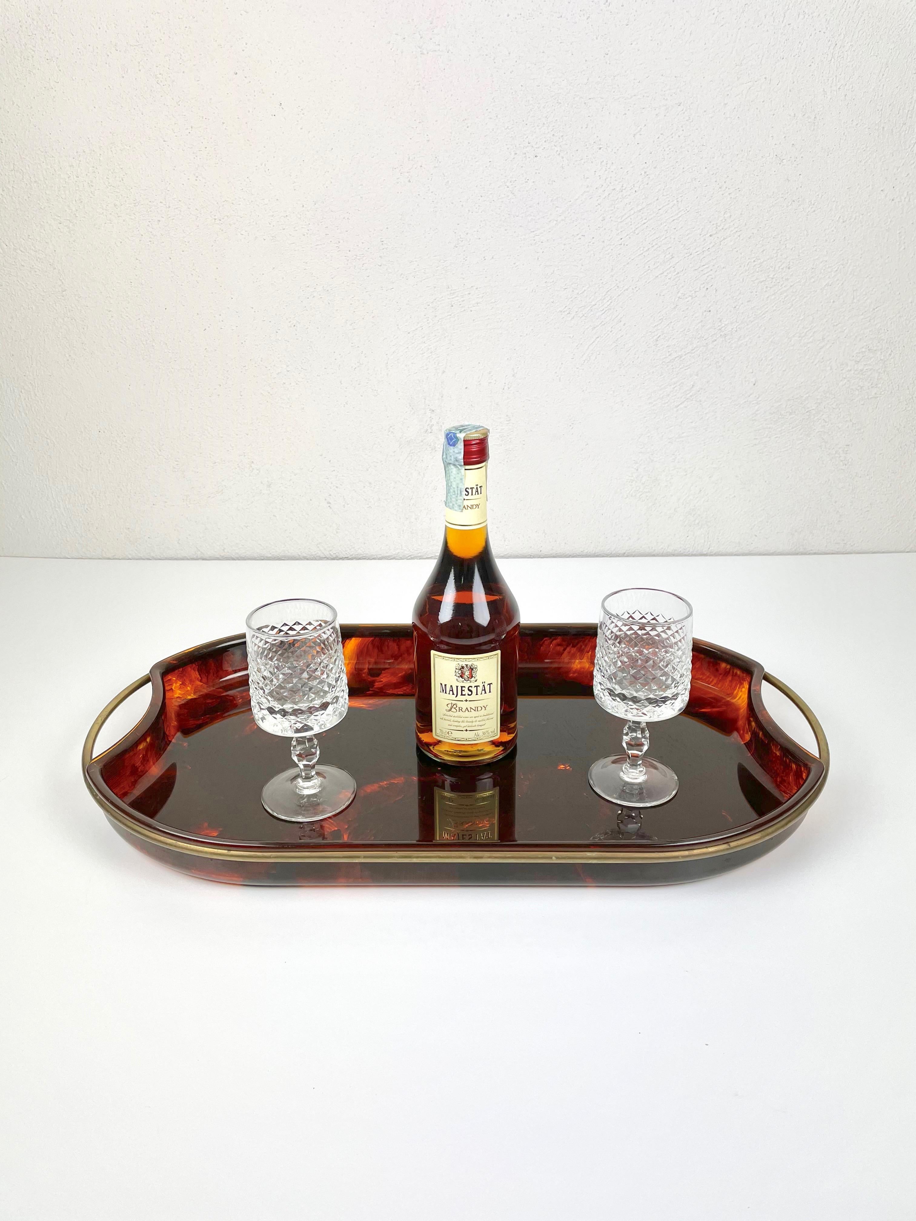 Mid-Century Modern Serving Tray Faux Tortoise Shell Lucite and Brass, Italy, 1970s