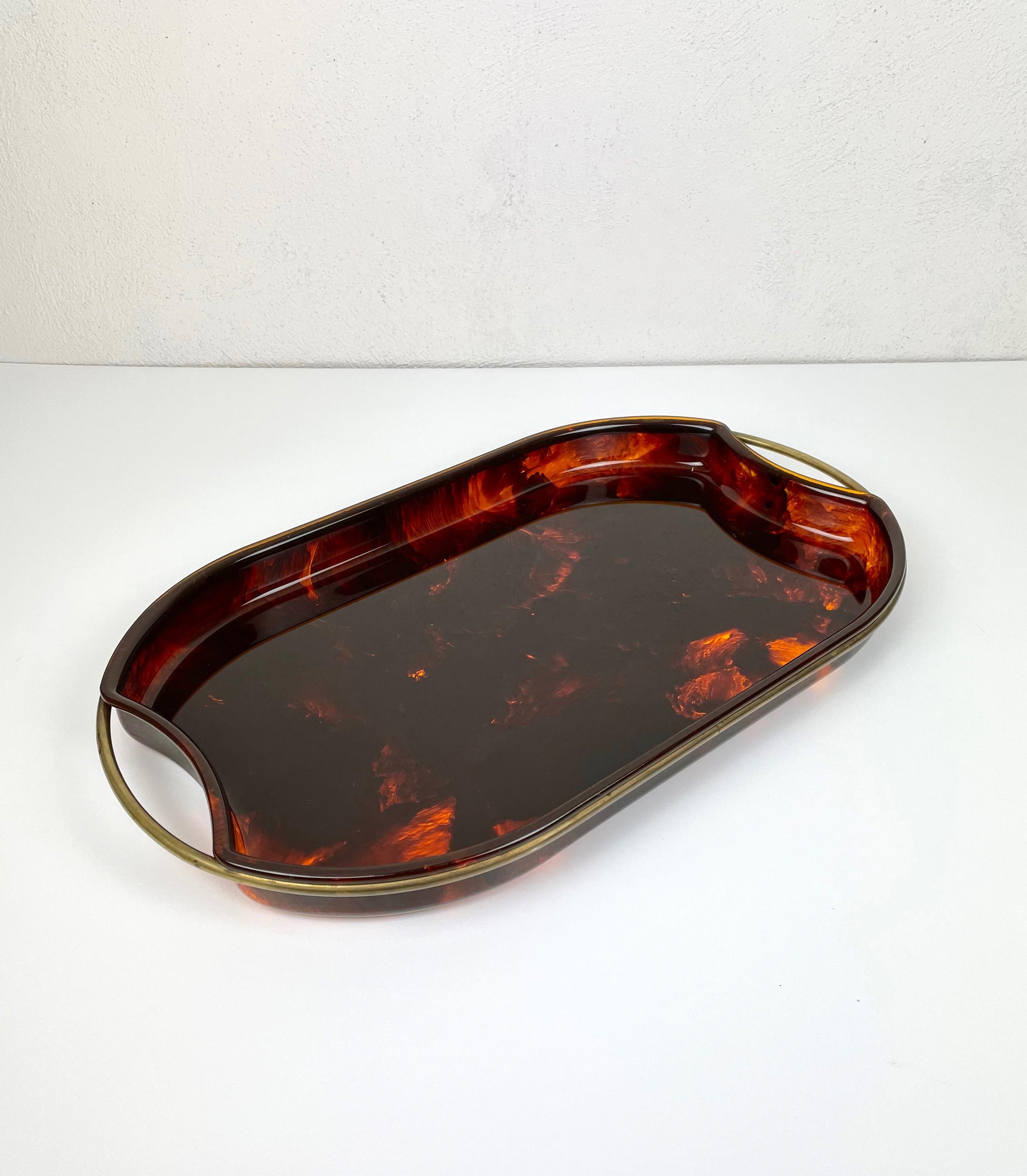 Italian Serving Tray Faux Tortoise Shell Lucite and Brass, Italy, 1970s