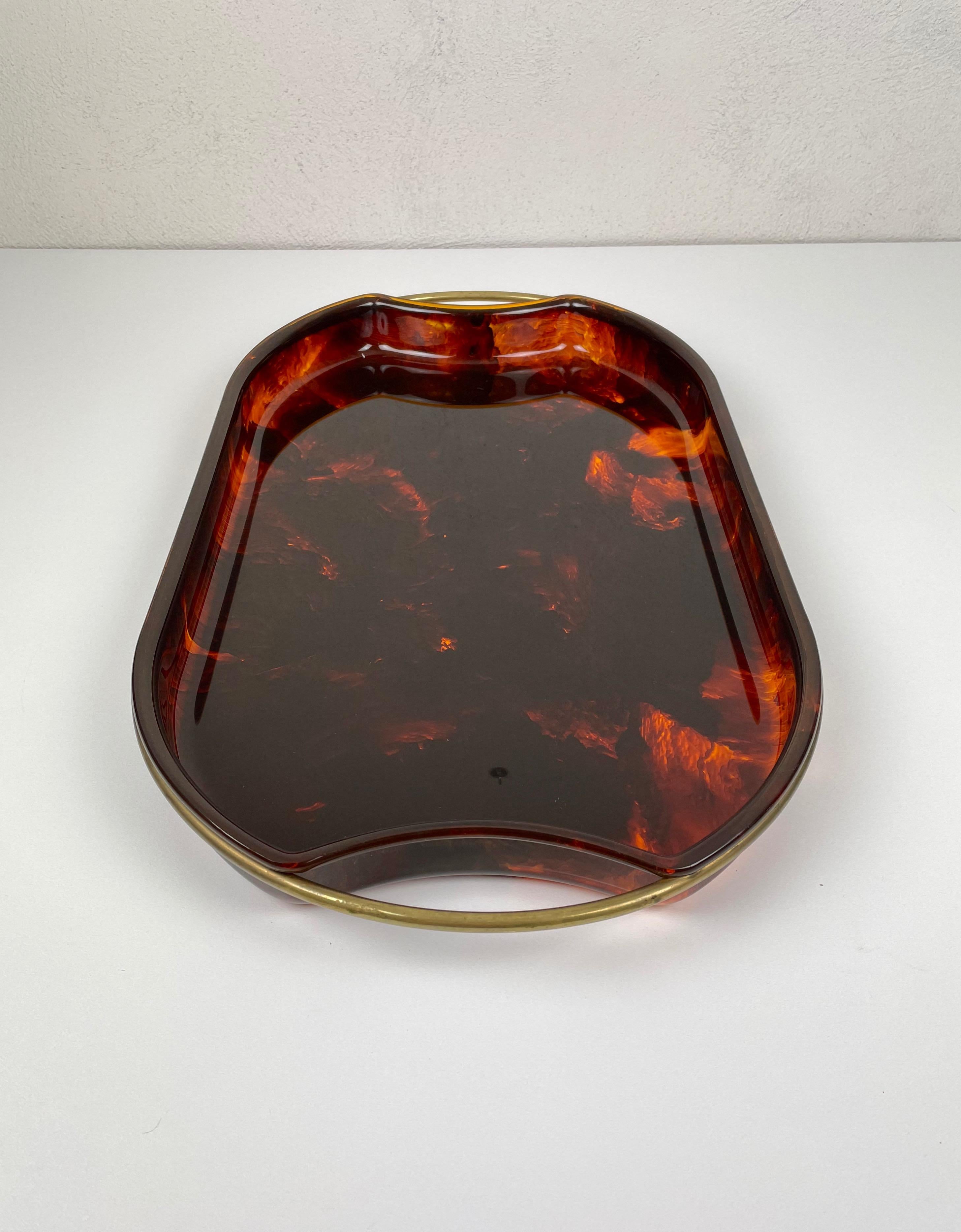 Serving Tray Faux Tortoise Shell Lucite and Brass, Italy, 1970s In Good Condition In Rome, IT