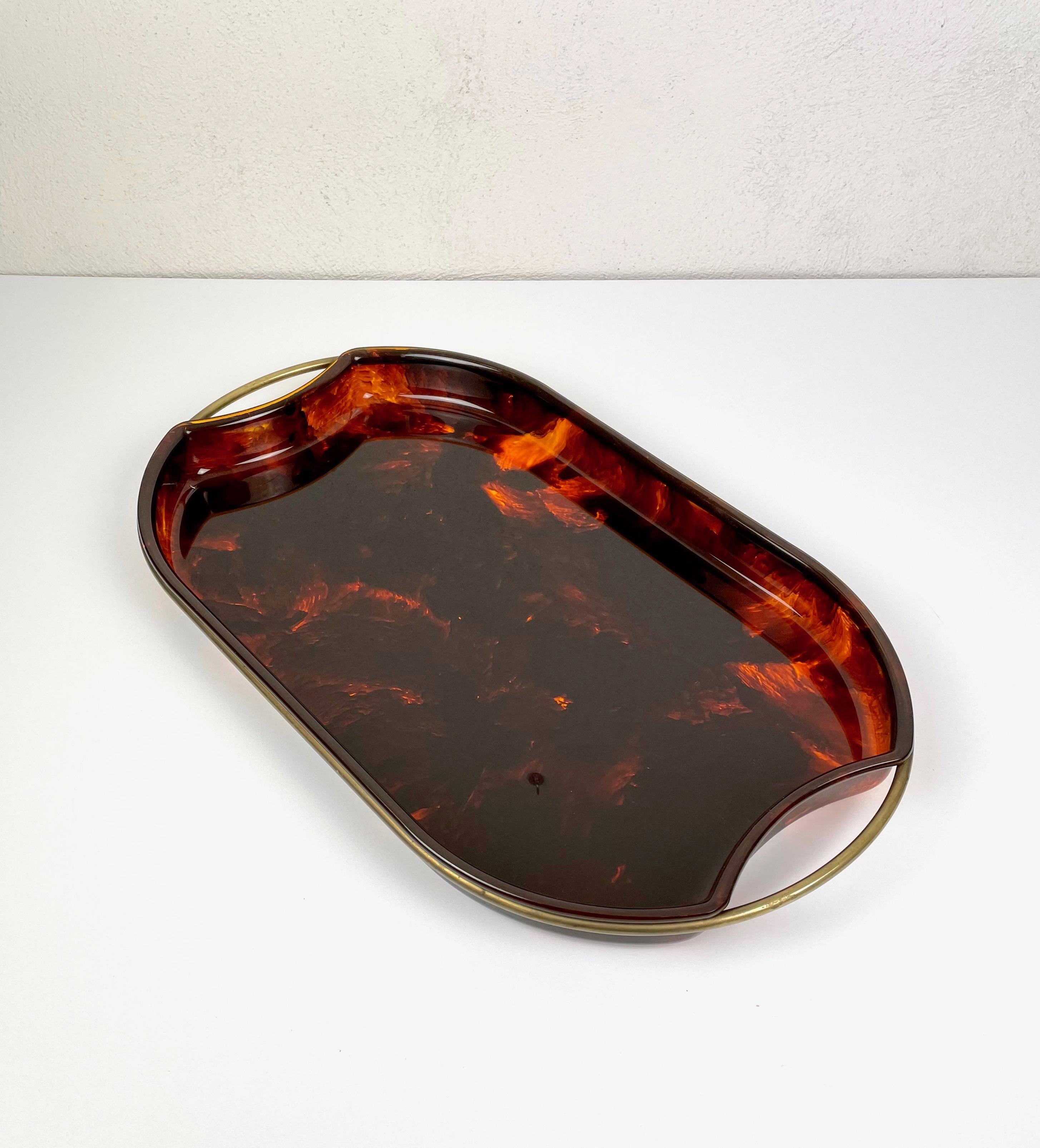 Late 20th Century Serving Tray Faux Tortoise Shell Lucite and Brass, Italy, 1970s