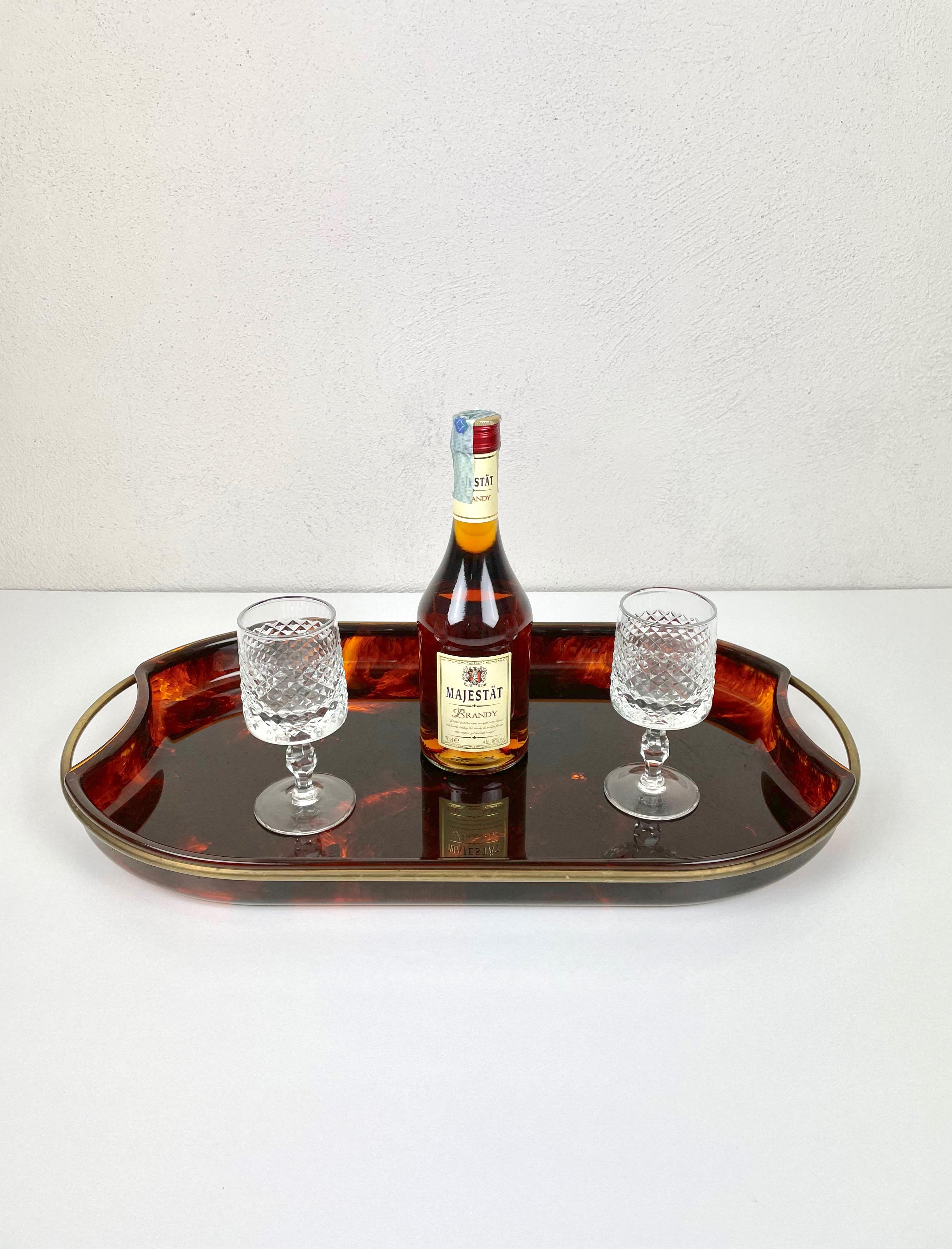 Serving Tray Faux Tortoise Shell Lucite and Brass, Italy, 1970s 1