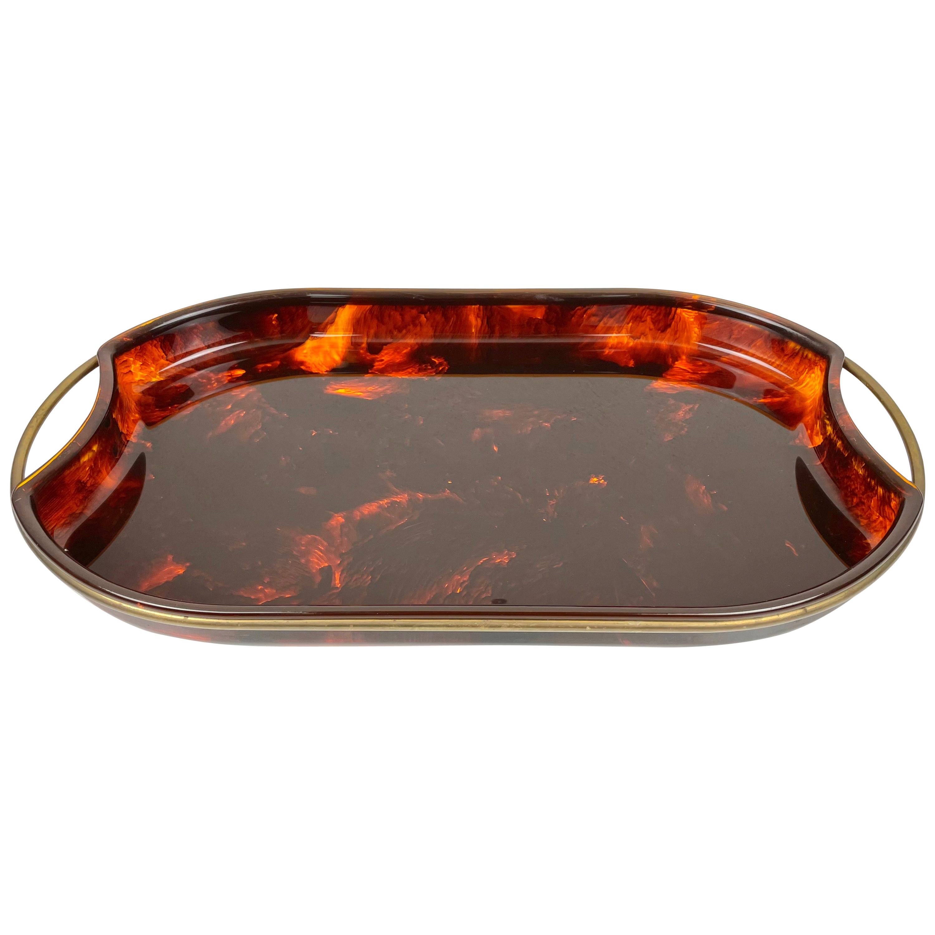 Serving Tray Faux Tortoise Shell Lucite and Brass, Italy, 1970s