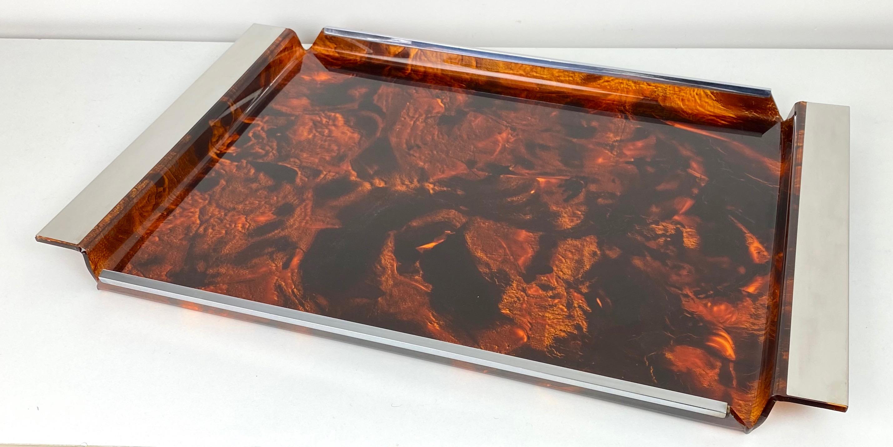 Serving tray faux tortoiseshell Lucite and chrome in Willy Rizzo style, 1970s, Italy.