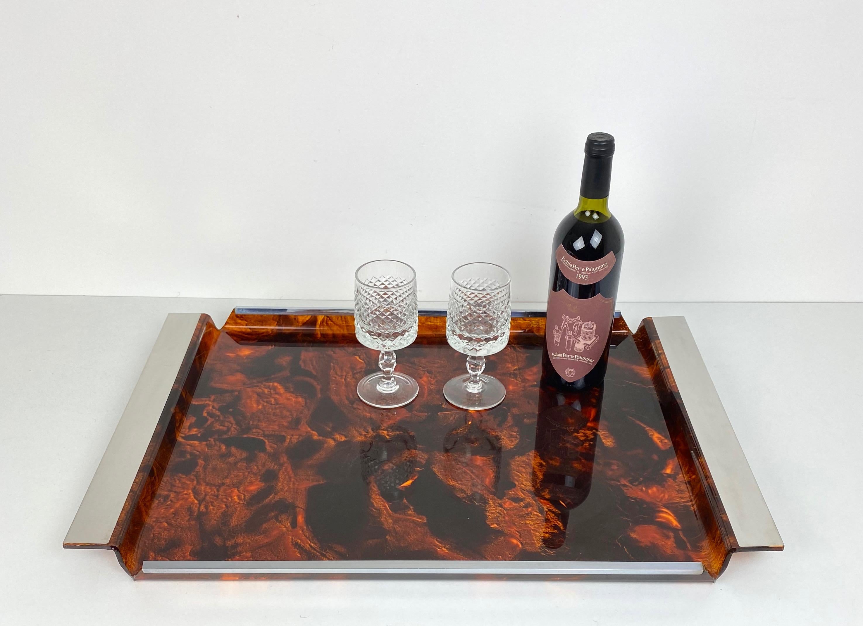 Serving Tray Faux Tortoise Shell Lucite and Chrome 1970s Willy Rizzo Style Italy In Good Condition In Rome, IT