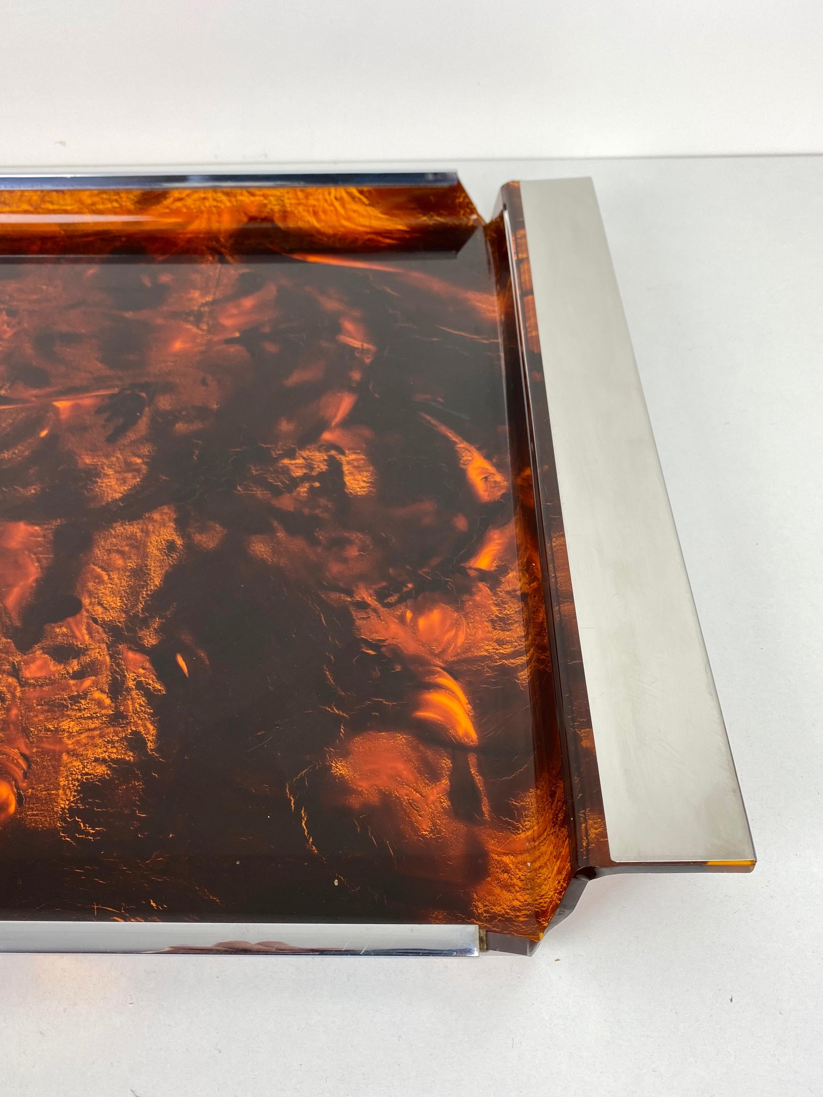 Serving Tray Faux Tortoise Shell Lucite and Chrome 1970s Willy Rizzo Style Italy 2