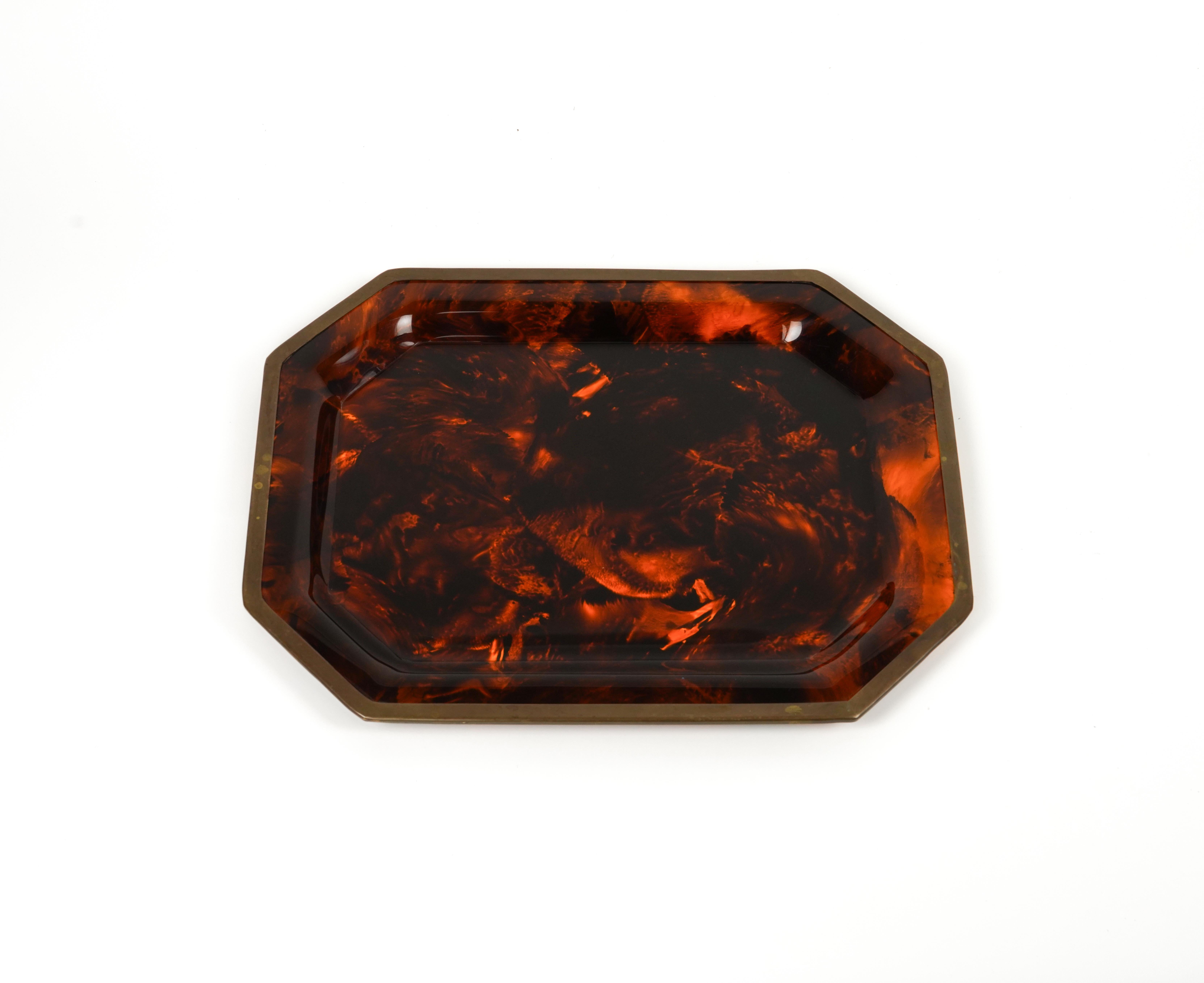 Serving Tray Faux Tortoiseshell and Brass Christian Dior Style, Italy 1970s For Sale 3