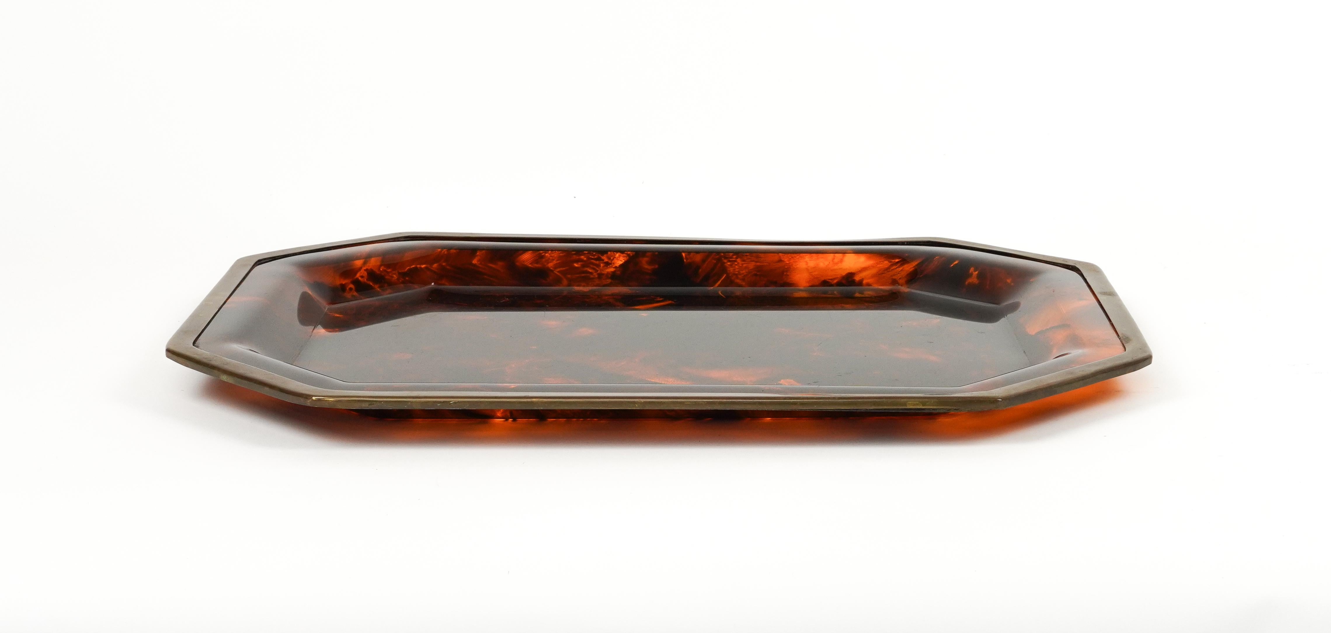 Serving Tray Faux Tortoiseshell and Brass Christian Dior Style, Italy 1970s For Sale 4