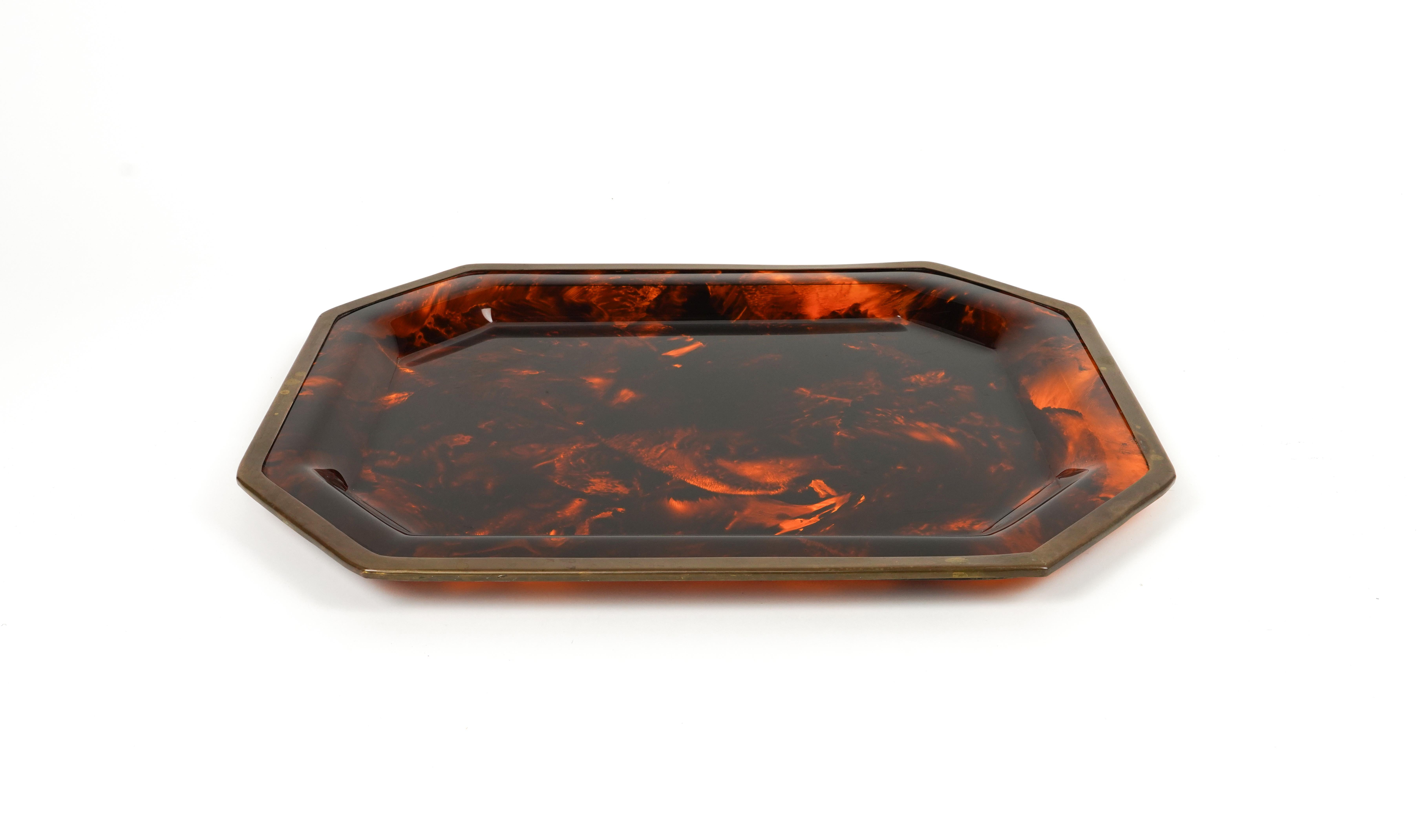 Serving Tray Faux Tortoiseshell and Brass Christian Dior Style, Italy 1970s For Sale 5