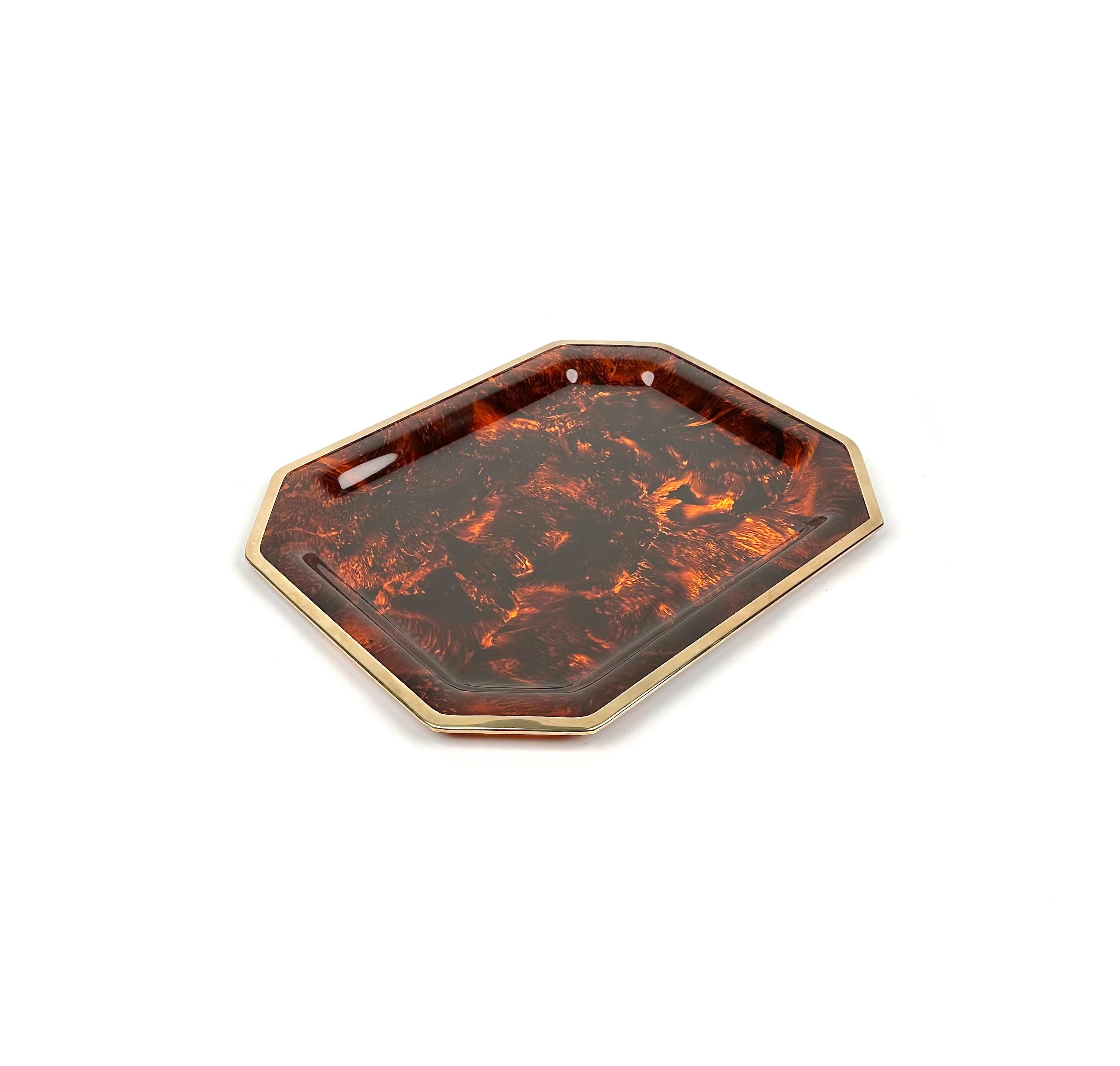 Mid-Century Modern Serving Tray Faux Tortoiseshell and Brass Christian Dior Style, Italy 1970s