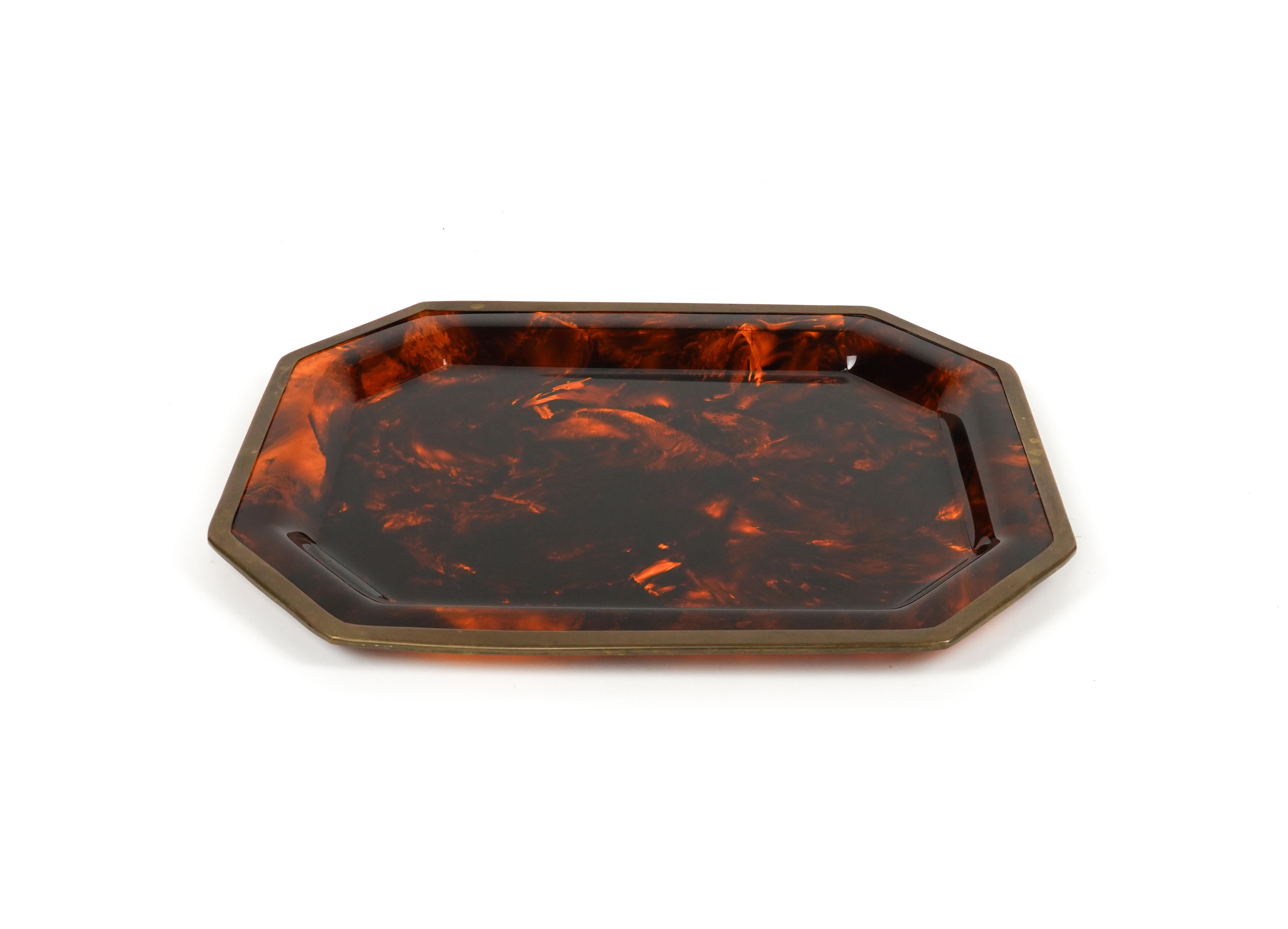 Mid-Century Modern Serving Tray Faux Tortoiseshell and Brass Christian Dior Style, Italy 1970s For Sale