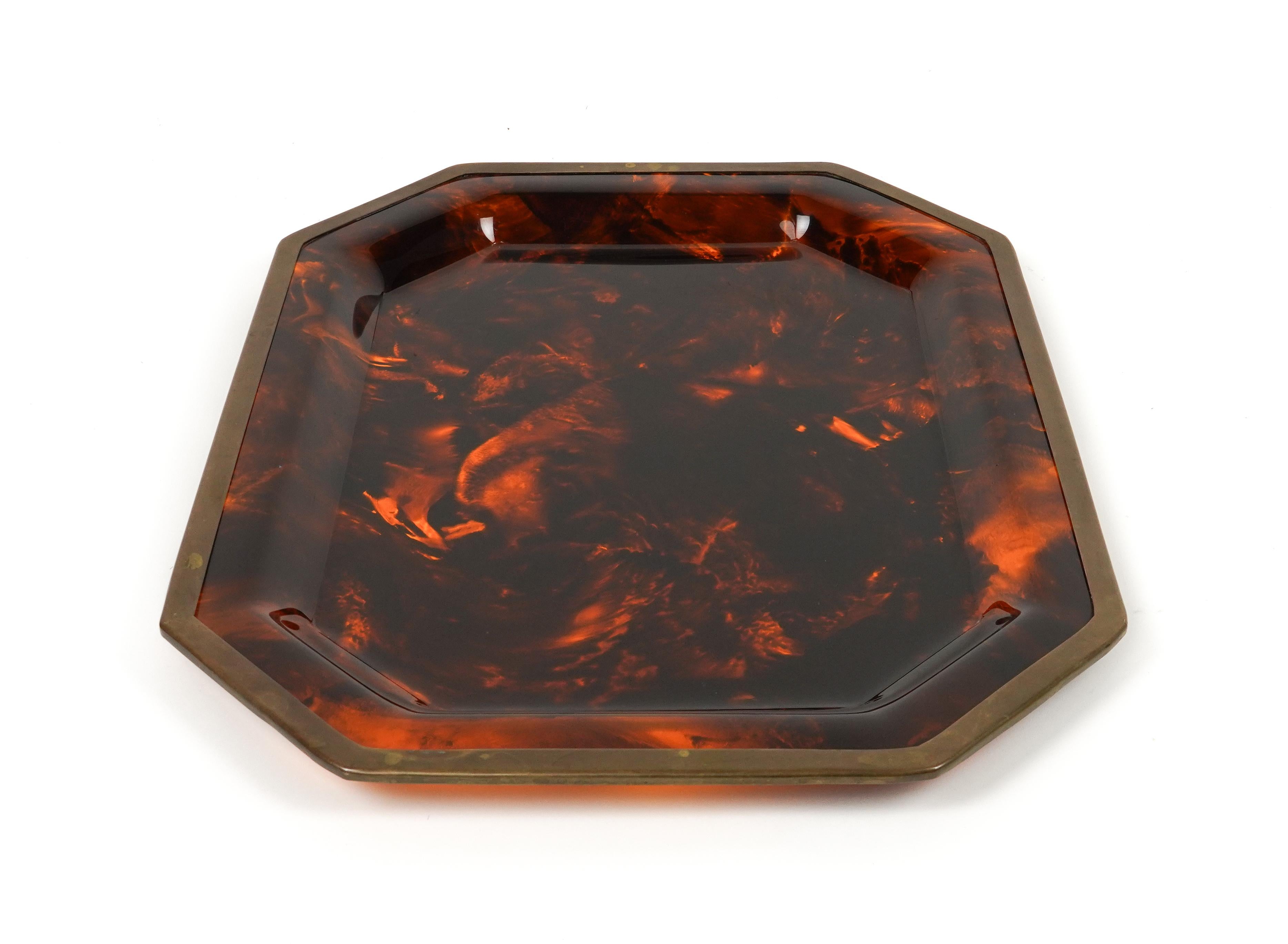 Italian Serving Tray Faux Tortoiseshell and Brass Christian Dior Style, Italy 1970s For Sale