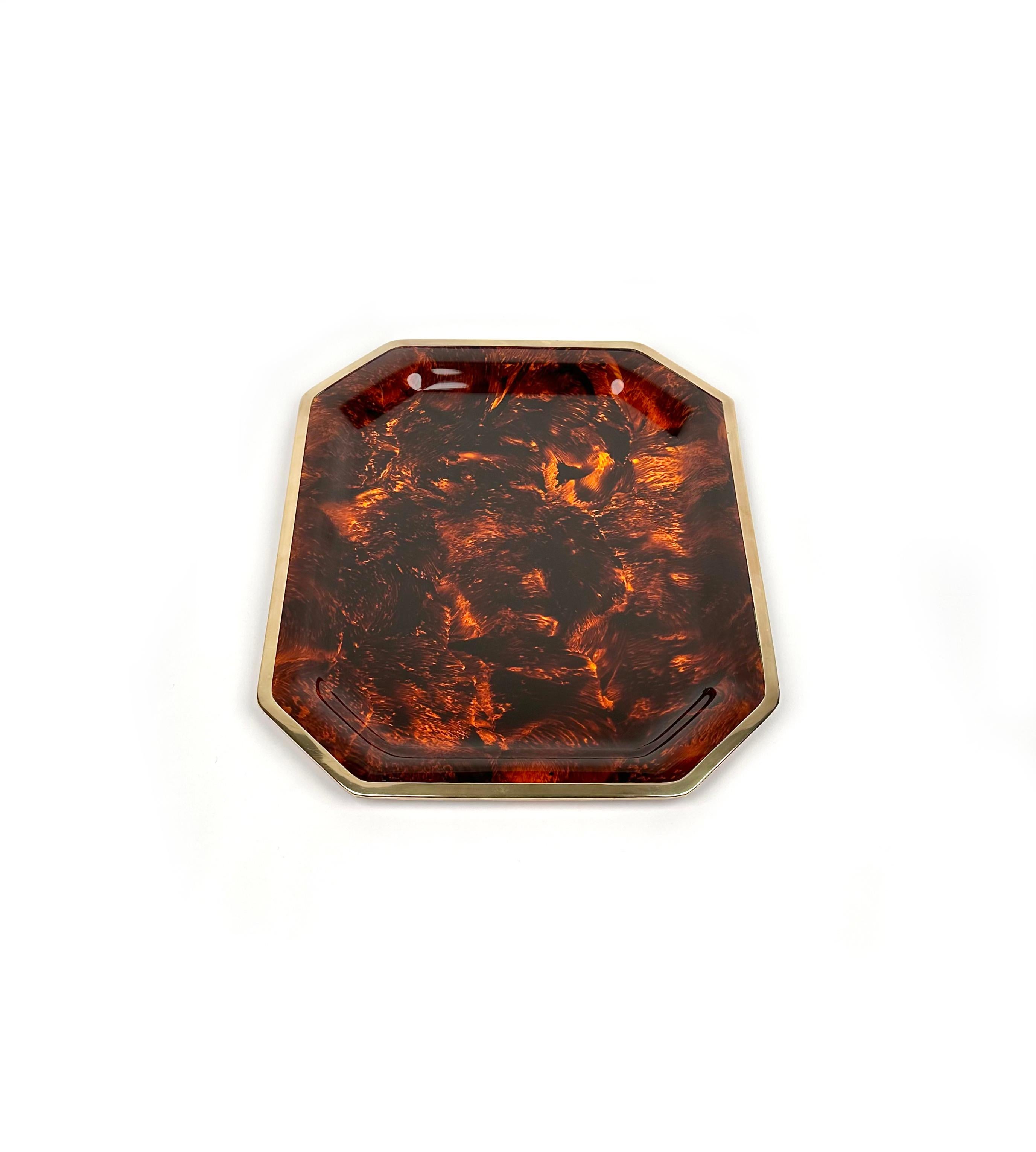 Serving Tray Faux Tortoiseshell and Brass Christian Dior Style, Italy 1970s 2