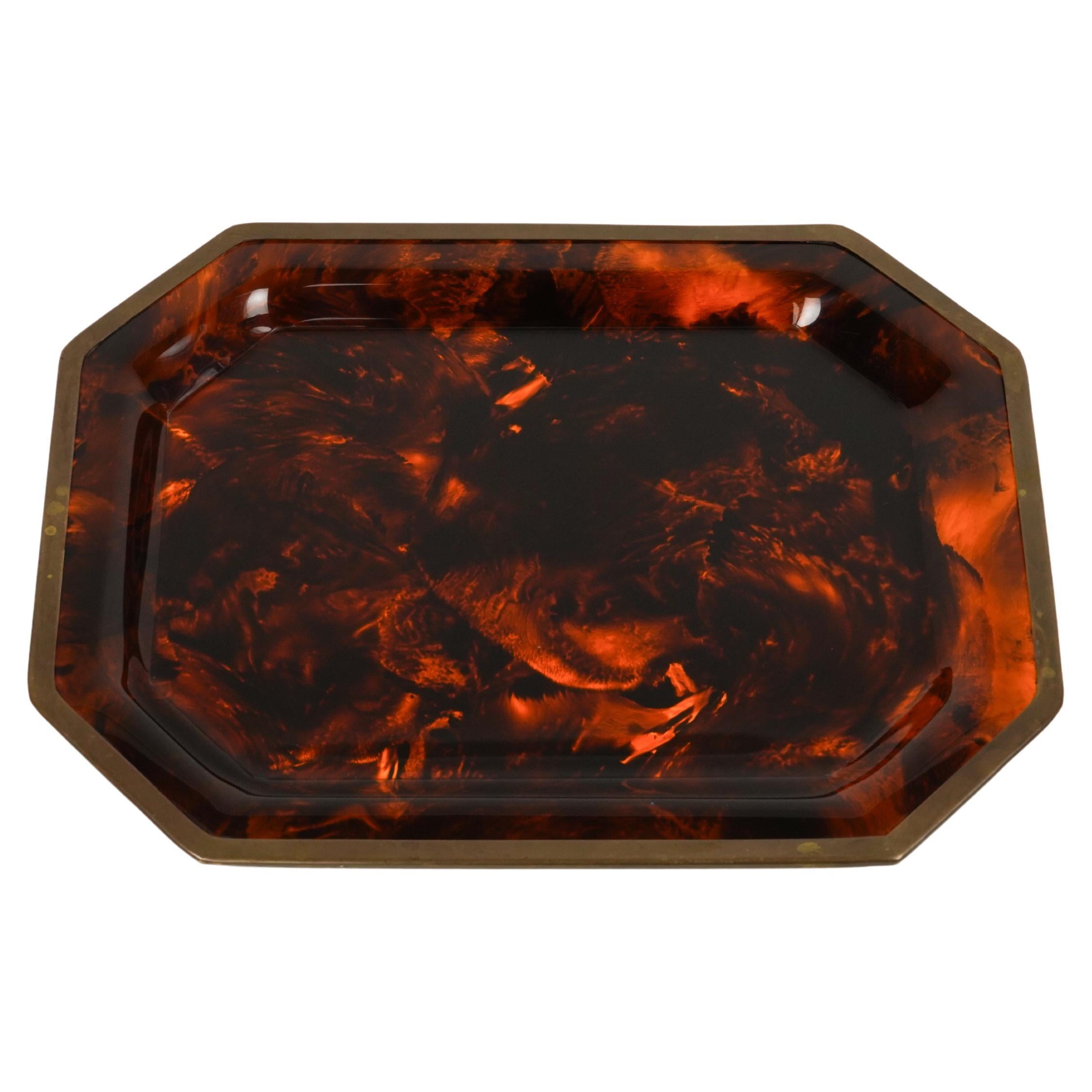 Serving Tray Faux Tortoiseshell and Brass Christian Dior Style, Italy 1970s For Sale