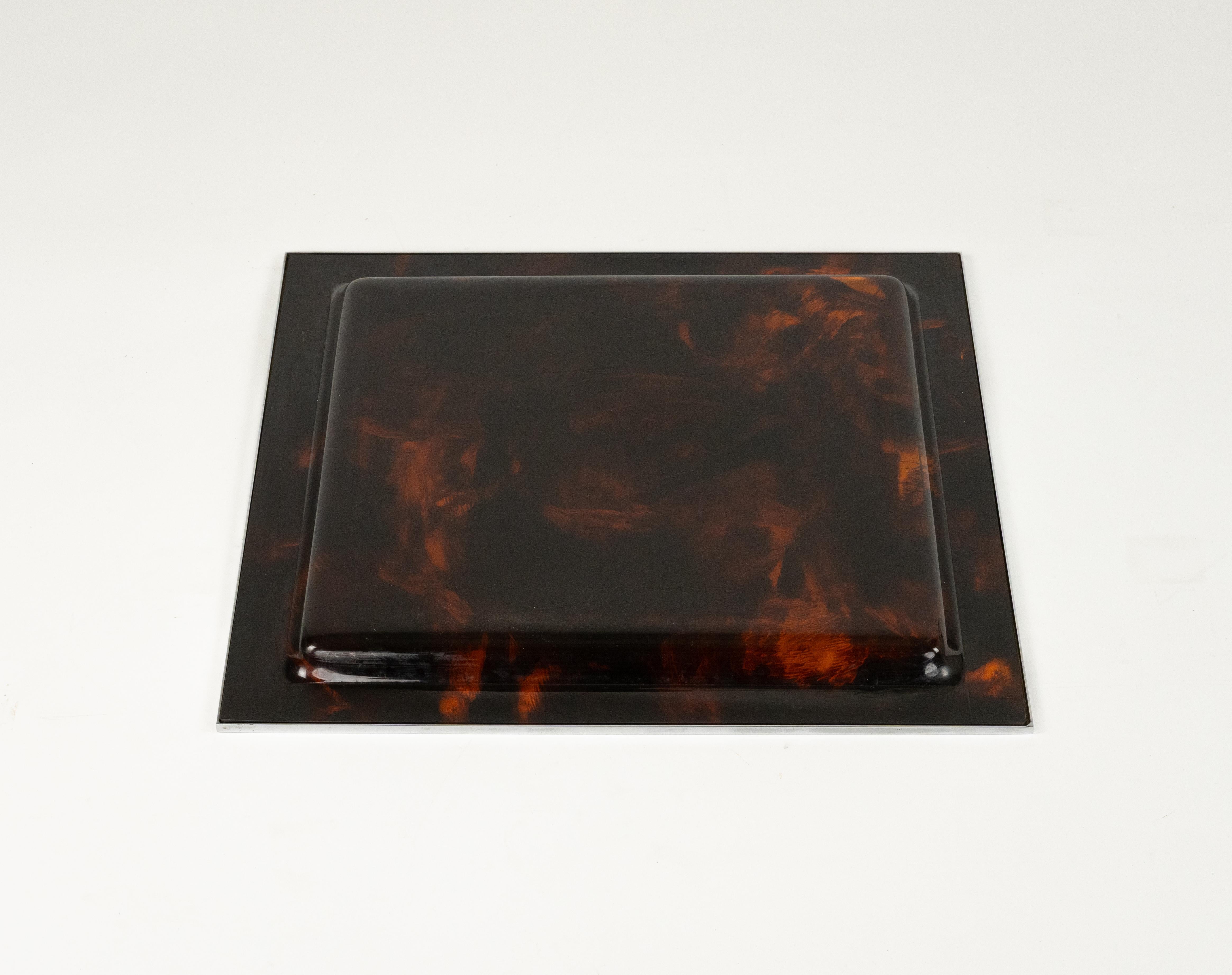 Serving Tray Faux Tortoiseshell and Chrome Christian Dior Style, Italy 1970s For Sale 3