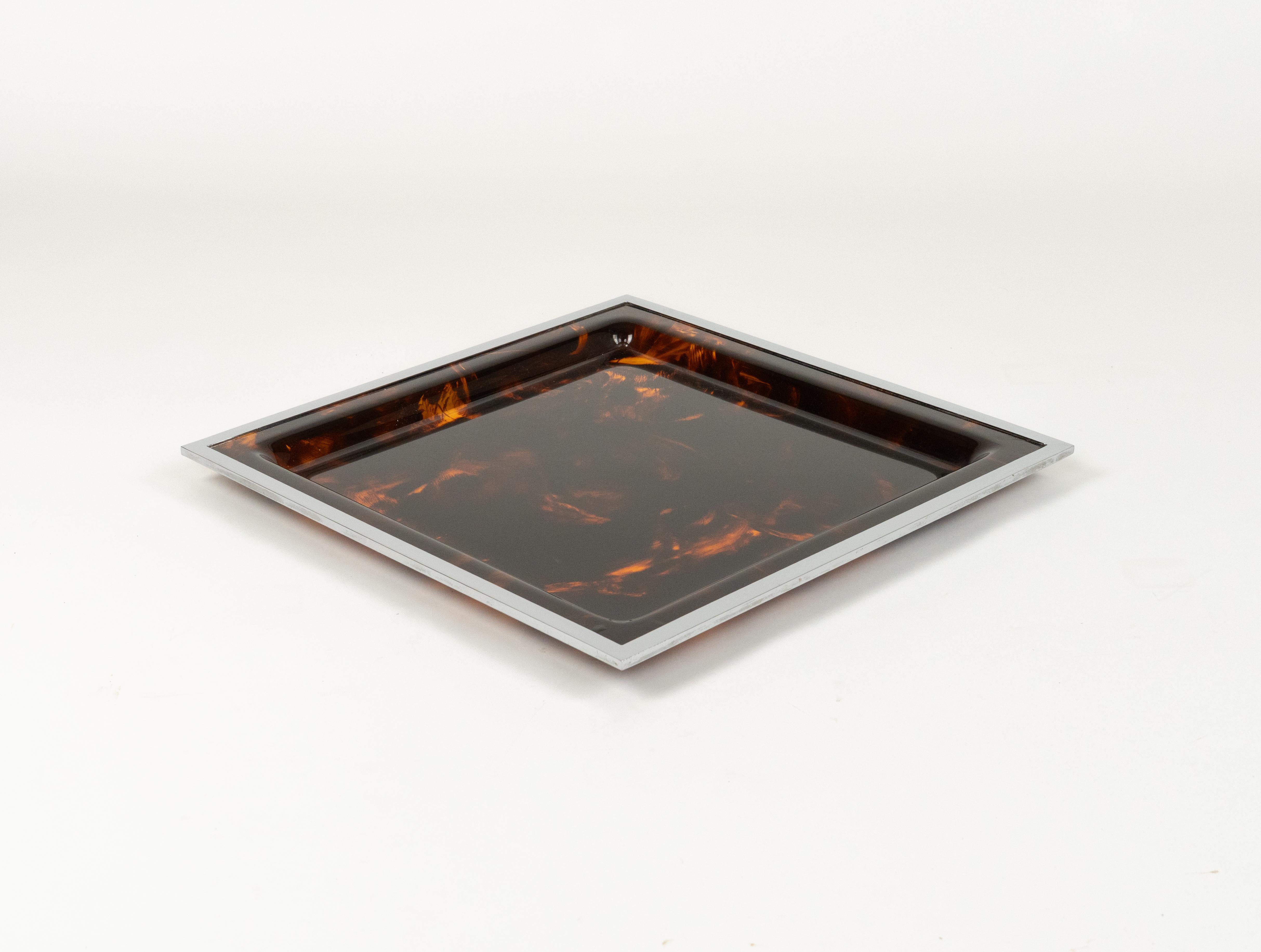Mid-Century Modern Serving Tray Faux Tortoiseshell and Chrome Christian Dior Style, Italy 1970s For Sale