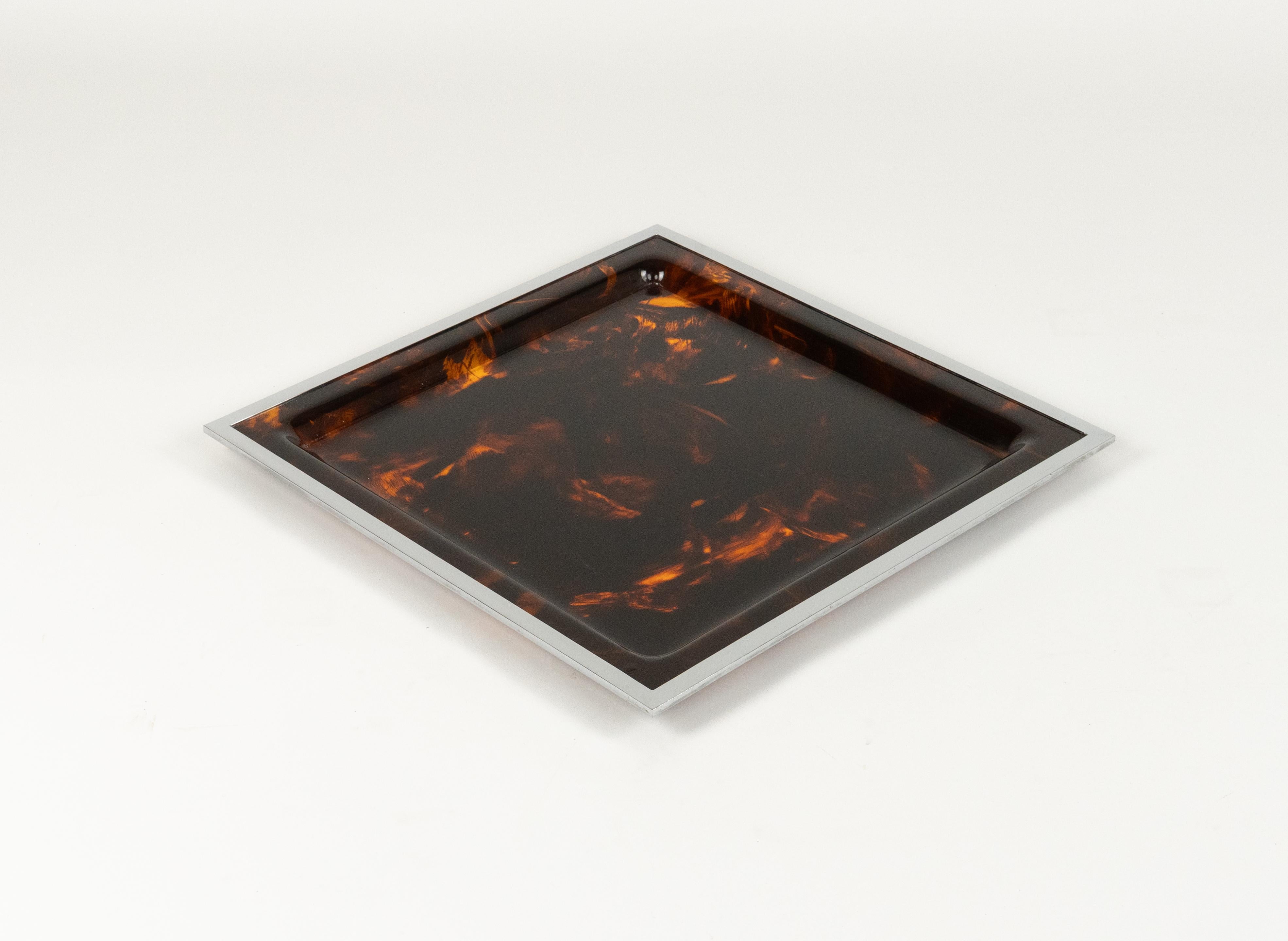 Italian Serving Tray Faux Tortoiseshell and Chrome Christian Dior Style, Italy 1970s For Sale