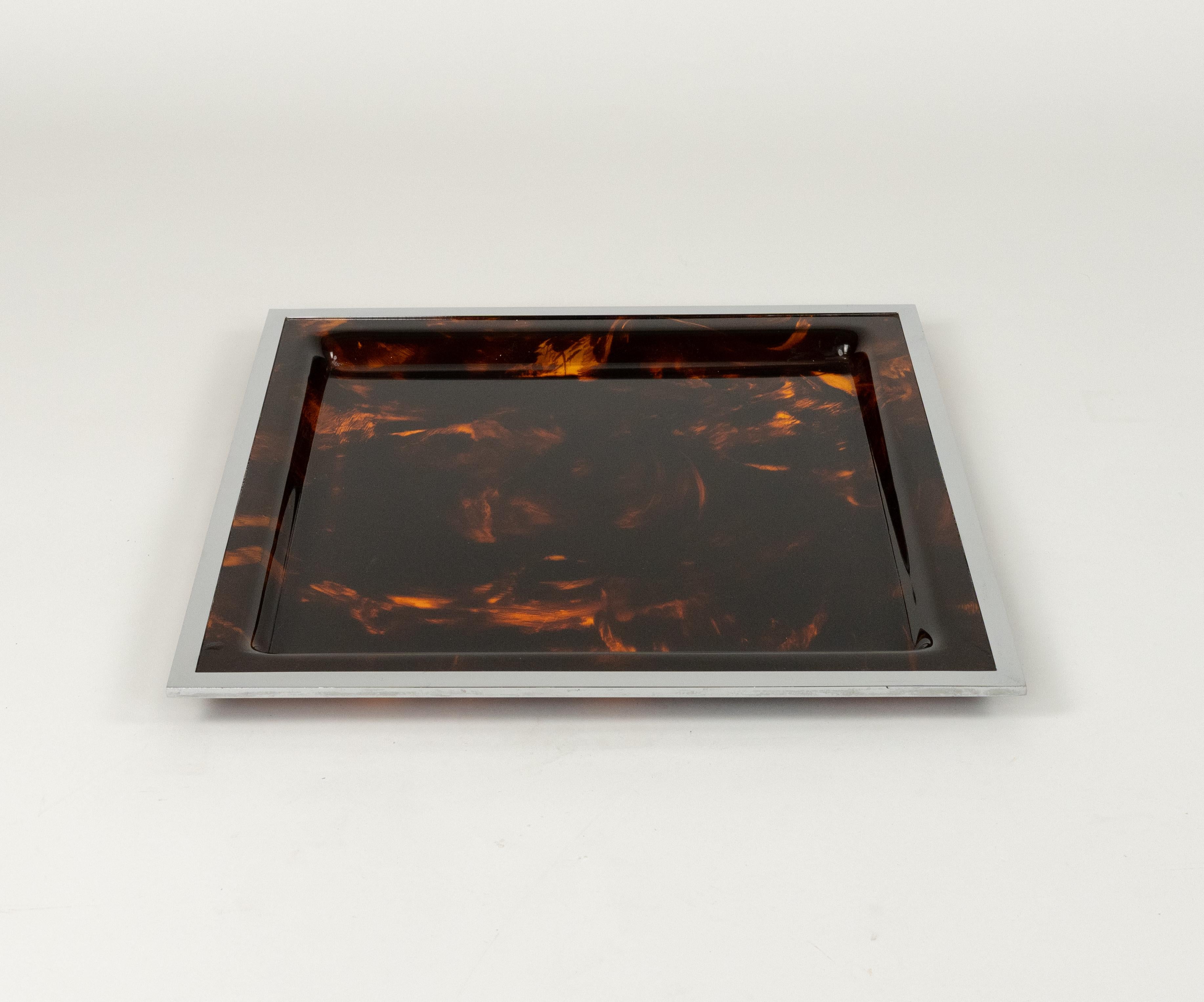 Serving Tray Faux Tortoiseshell and Chrome Christian Dior Style, Italy 1970s In Good Condition For Sale In Rome, IT