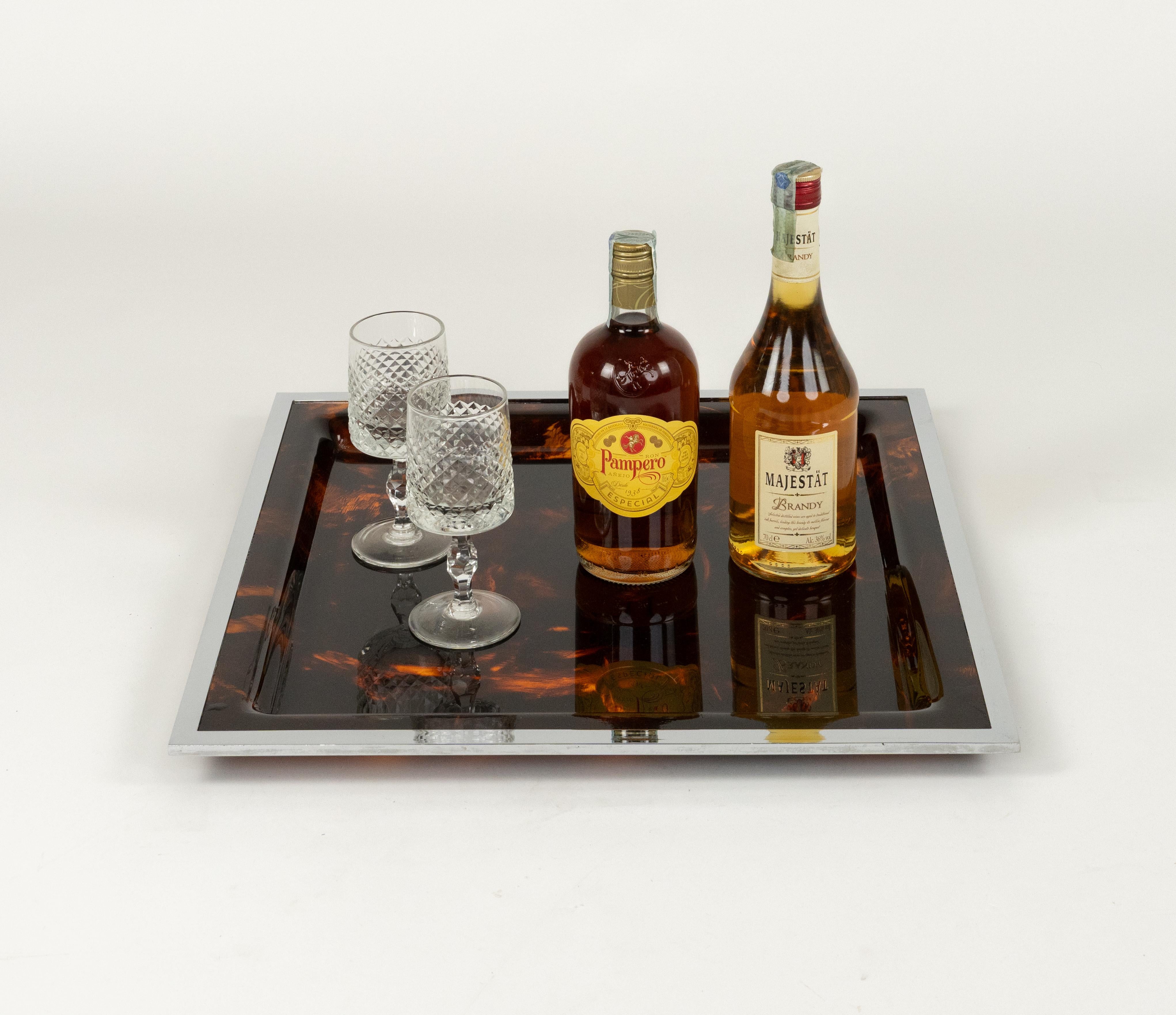 Late 20th Century Serving Tray Faux Tortoiseshell and Chrome Christian Dior Style, Italy 1970s For Sale
