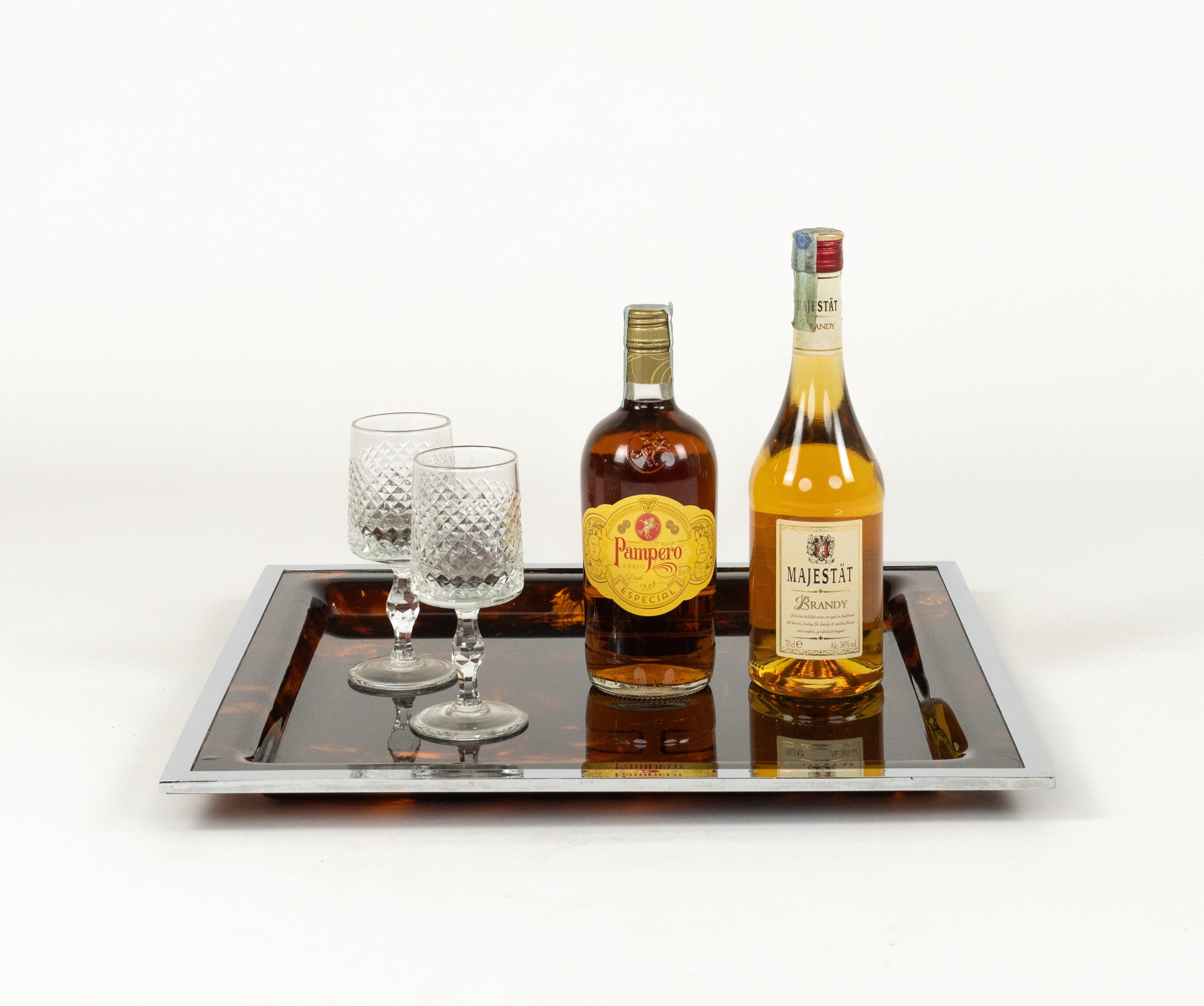 Metal Serving Tray Faux Tortoiseshell and Chrome Christian Dior Style, Italy 1970s For Sale