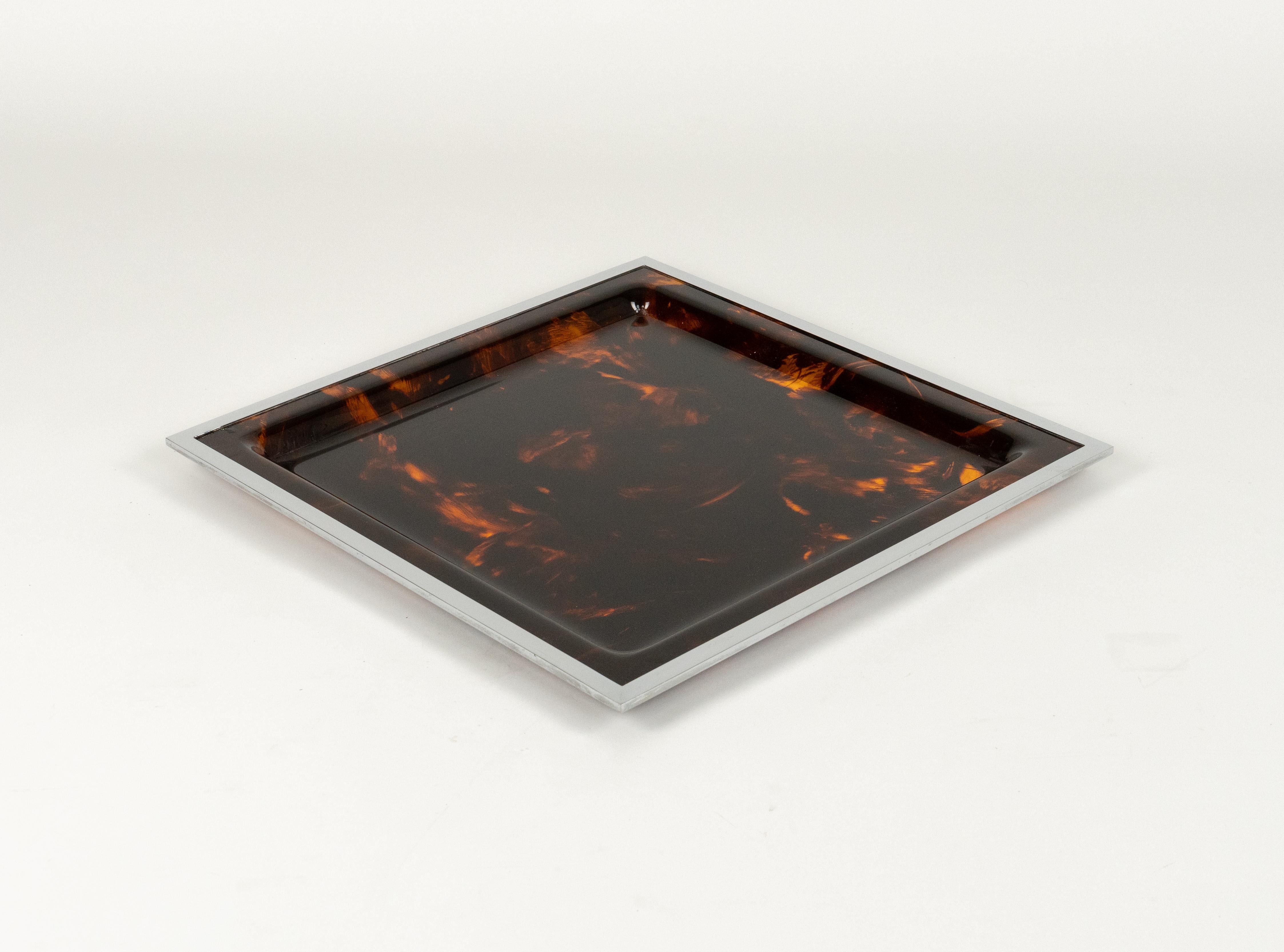 Serving Tray Faux Tortoiseshell and Chrome Christian Dior Style, Italy 1970s For Sale 1