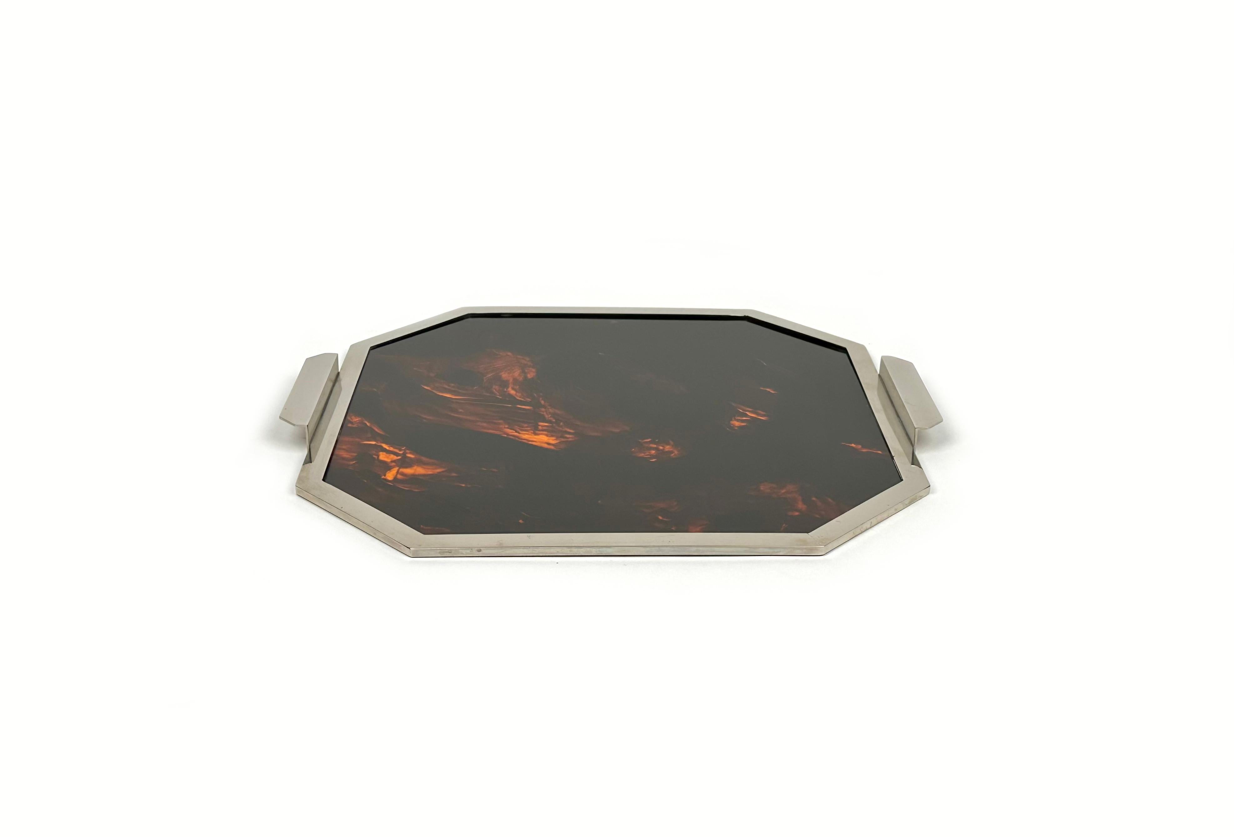 Serving Tray Faux Tortoiseshell and Chrome Christian Dior style, Italy 1970s 2