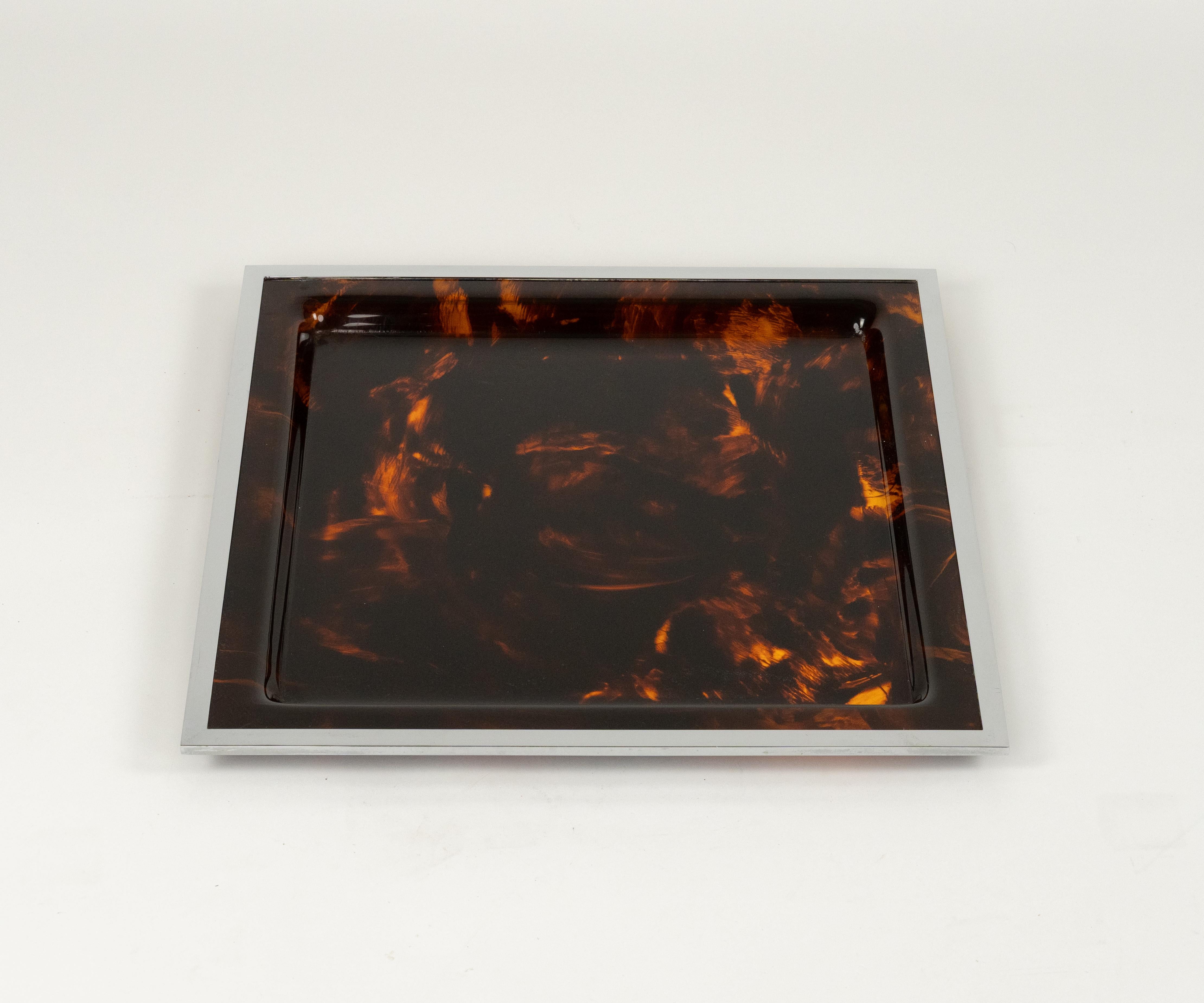 Serving Tray Faux Tortoiseshell and Chrome Christian Dior Style, Italy 1970s For Sale 2