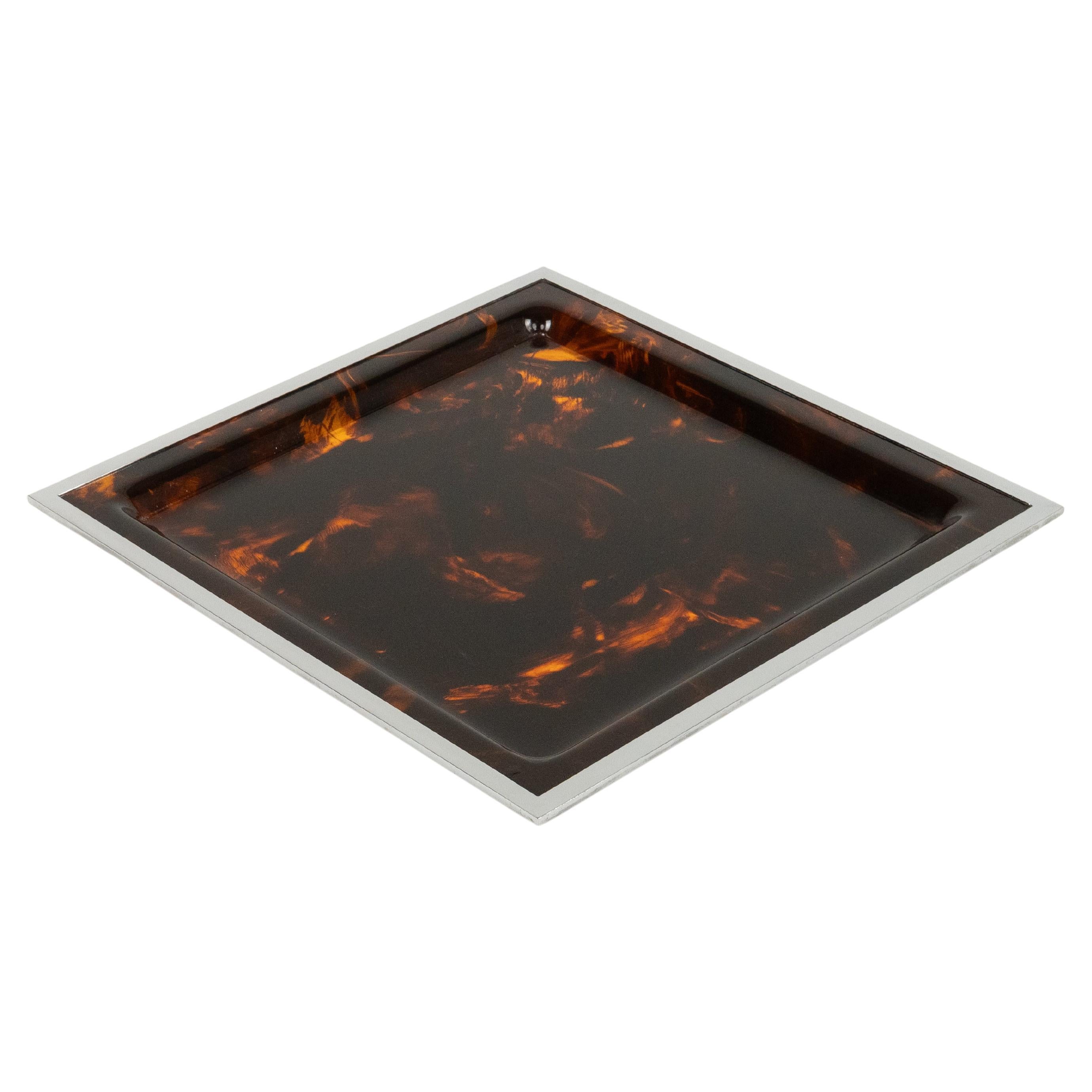 Serving Tray Faux Tortoiseshell and Chrome Christian Dior Style, Italy 1970s For Sale