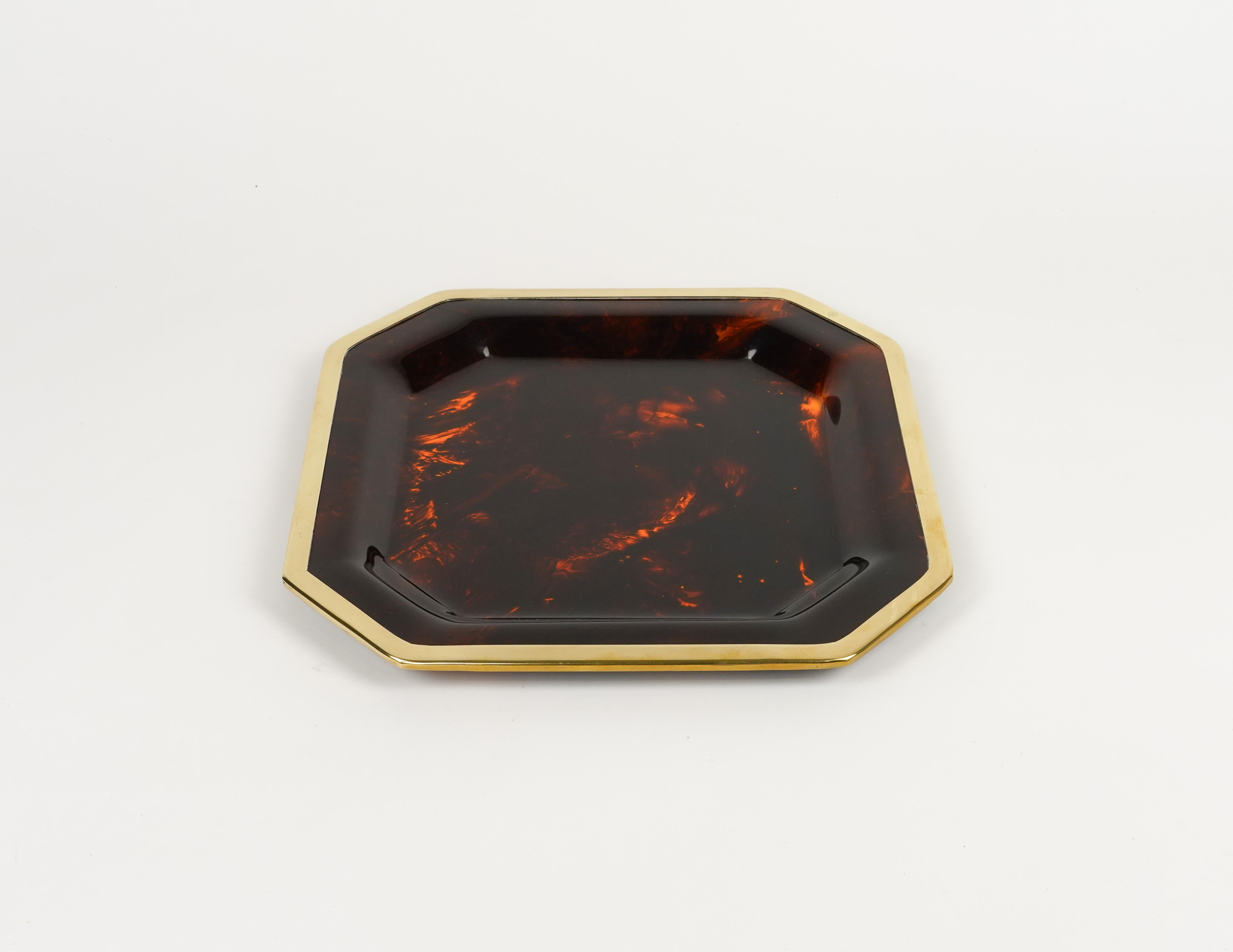 Mid-Century Modern Serving Tray Faux Tortoiseshell & Brass Christian Dior Style, Italy 1970s