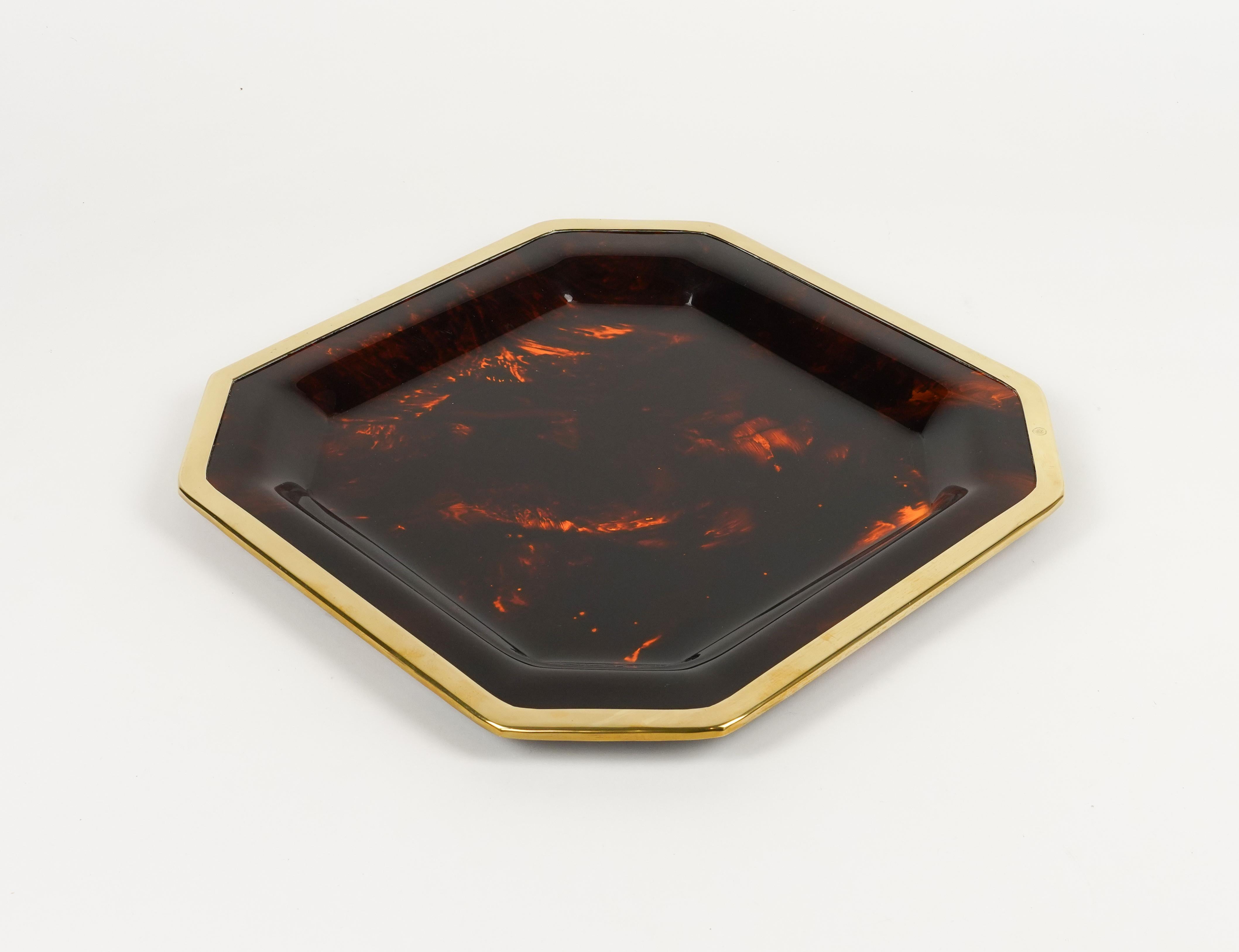 Serving Tray Faux Tortoiseshell & Brass Christian Dior Style, Italy 1970s In Good Condition In Rome, IT