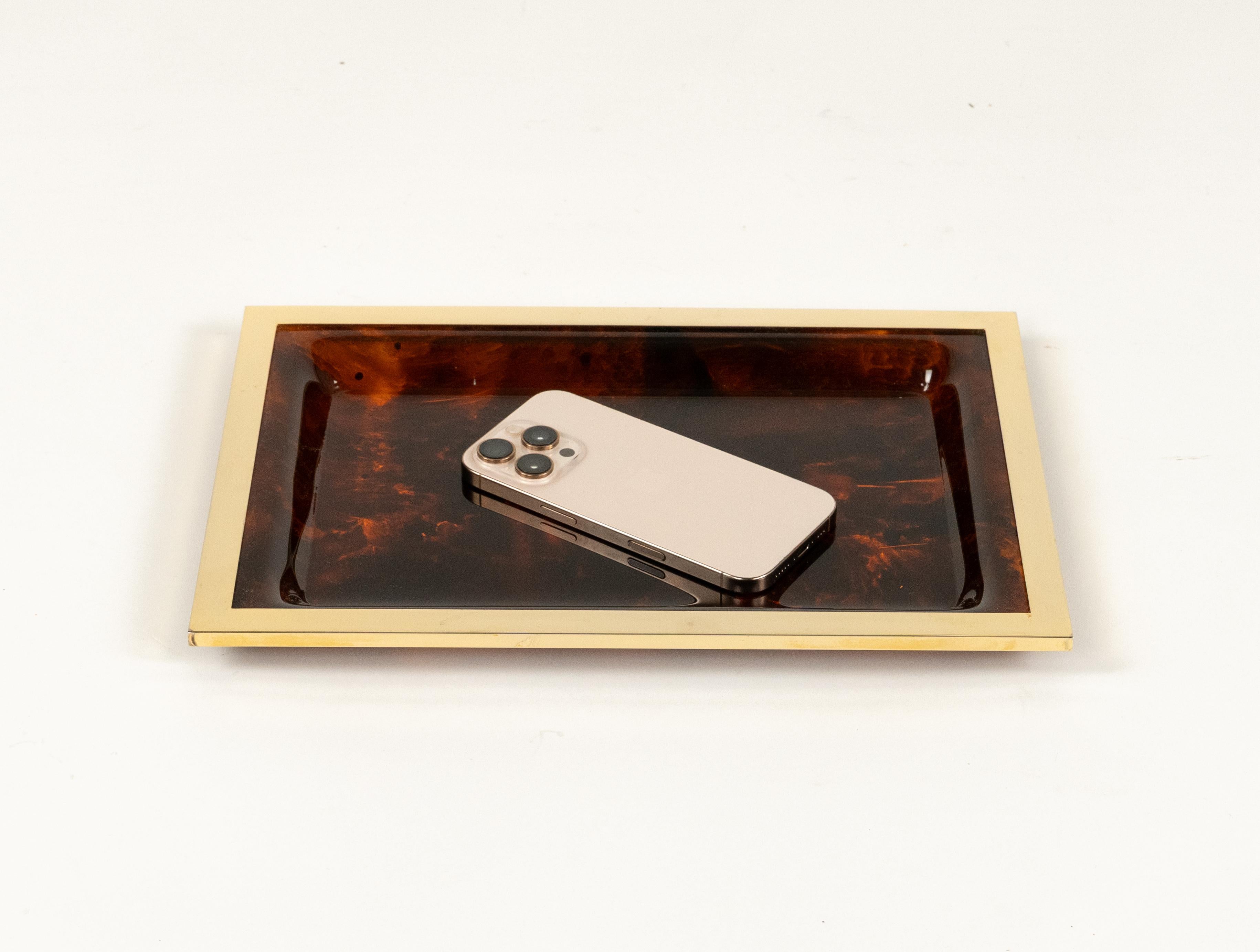 Serving Tray Faux Tortoiseshell Lucite & Brass Christian Dior Style, Italy 1970 For Sale 4