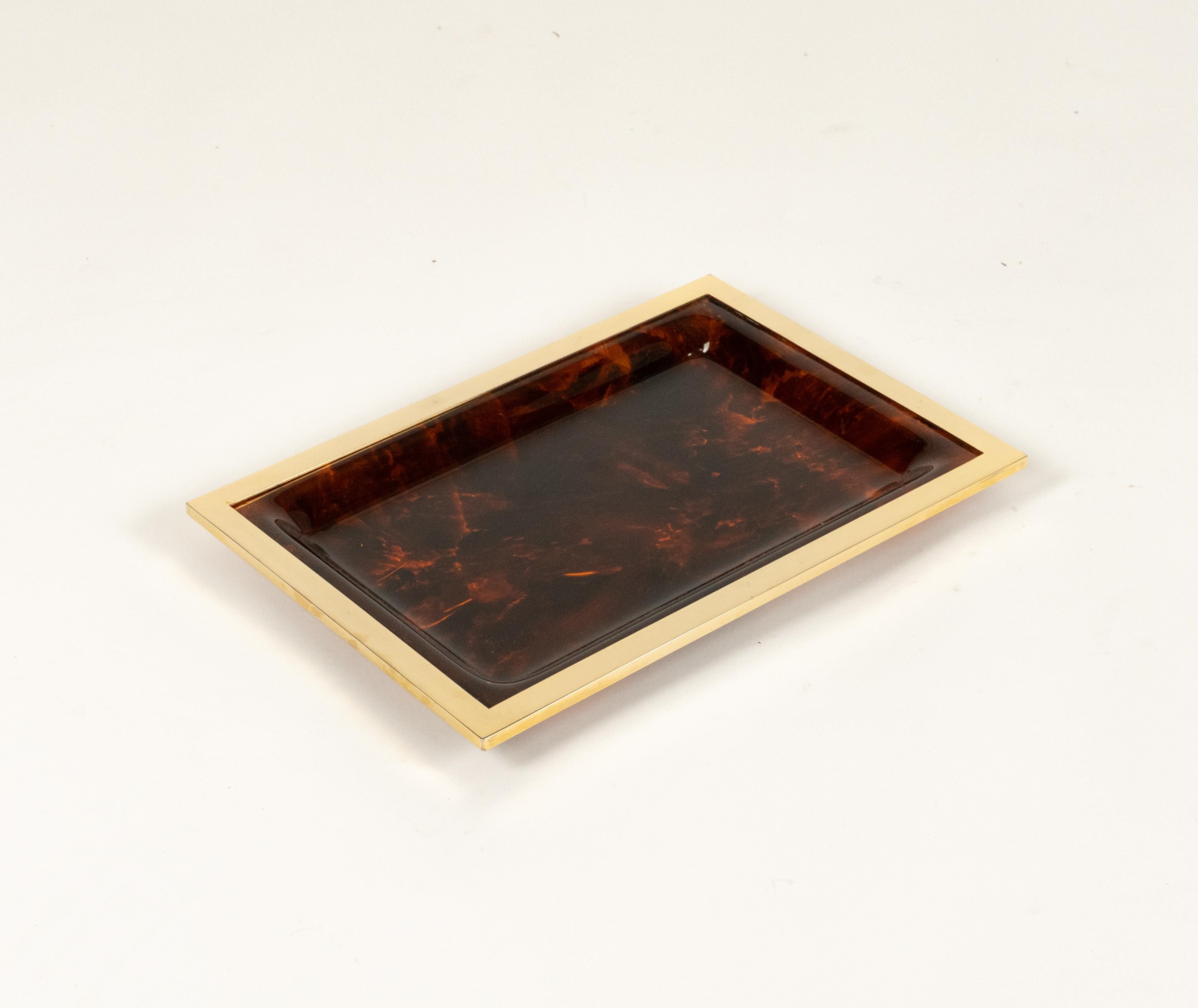 Serving Tray Faux Tortoiseshell Lucite & Brass Christian Dior Style, Italy 1970 For Sale 5