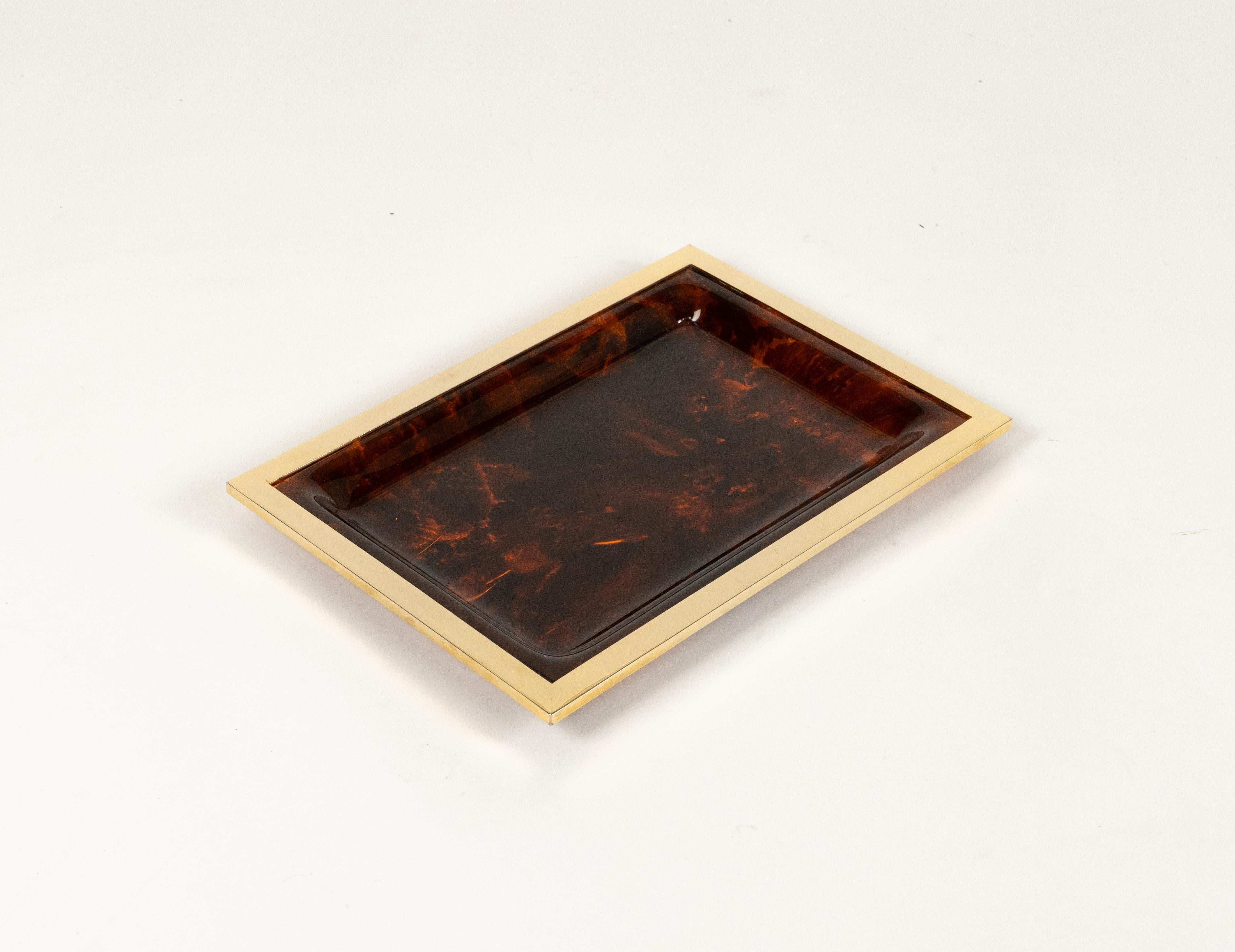 Italian Serving Tray Faux Tortoiseshell Lucite & Brass Christian Dior Style, Italy 1970 For Sale