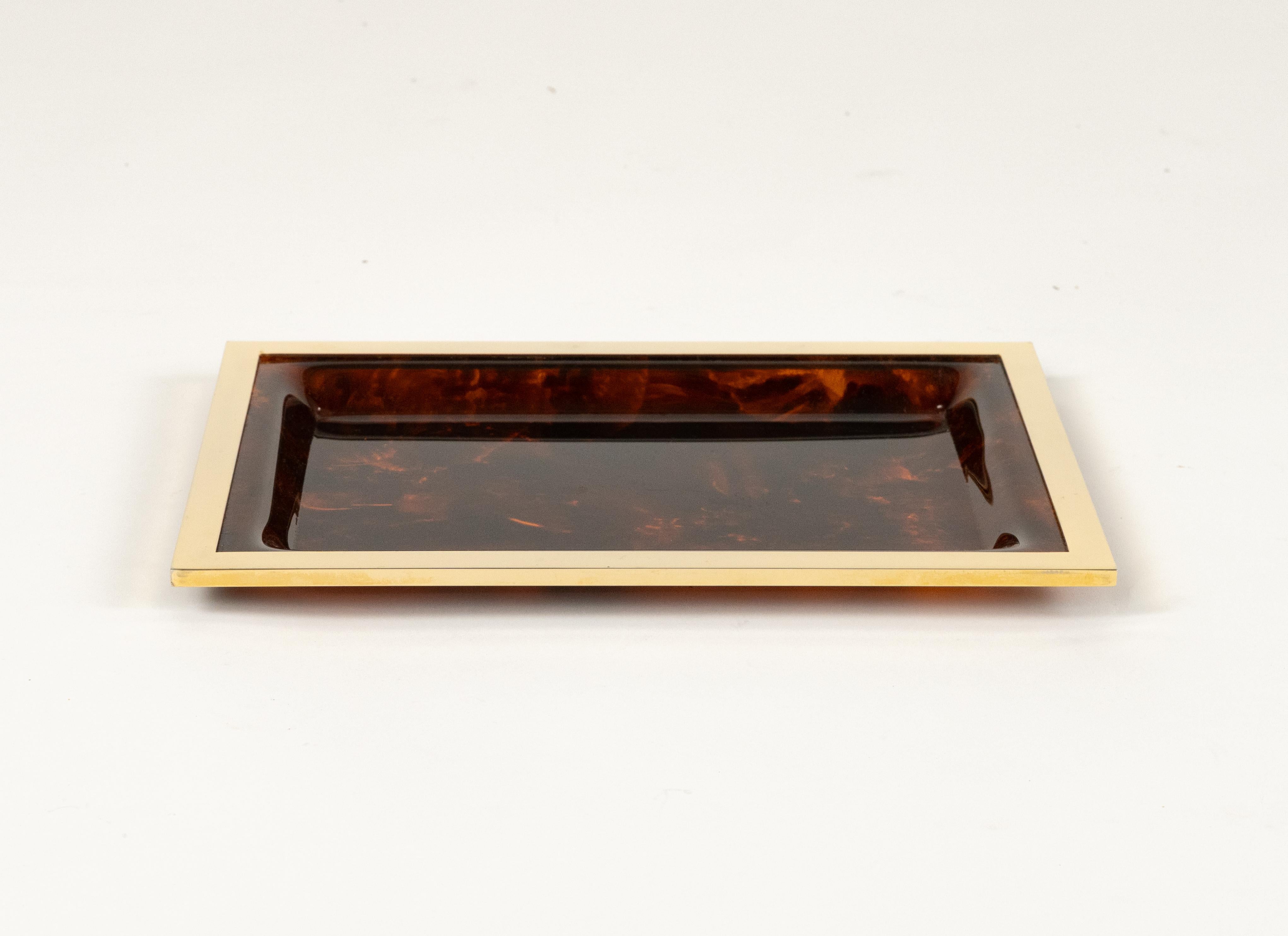 Late 20th Century Serving Tray Faux Tortoiseshell Lucite & Brass Christian Dior Style, Italy 1970 For Sale