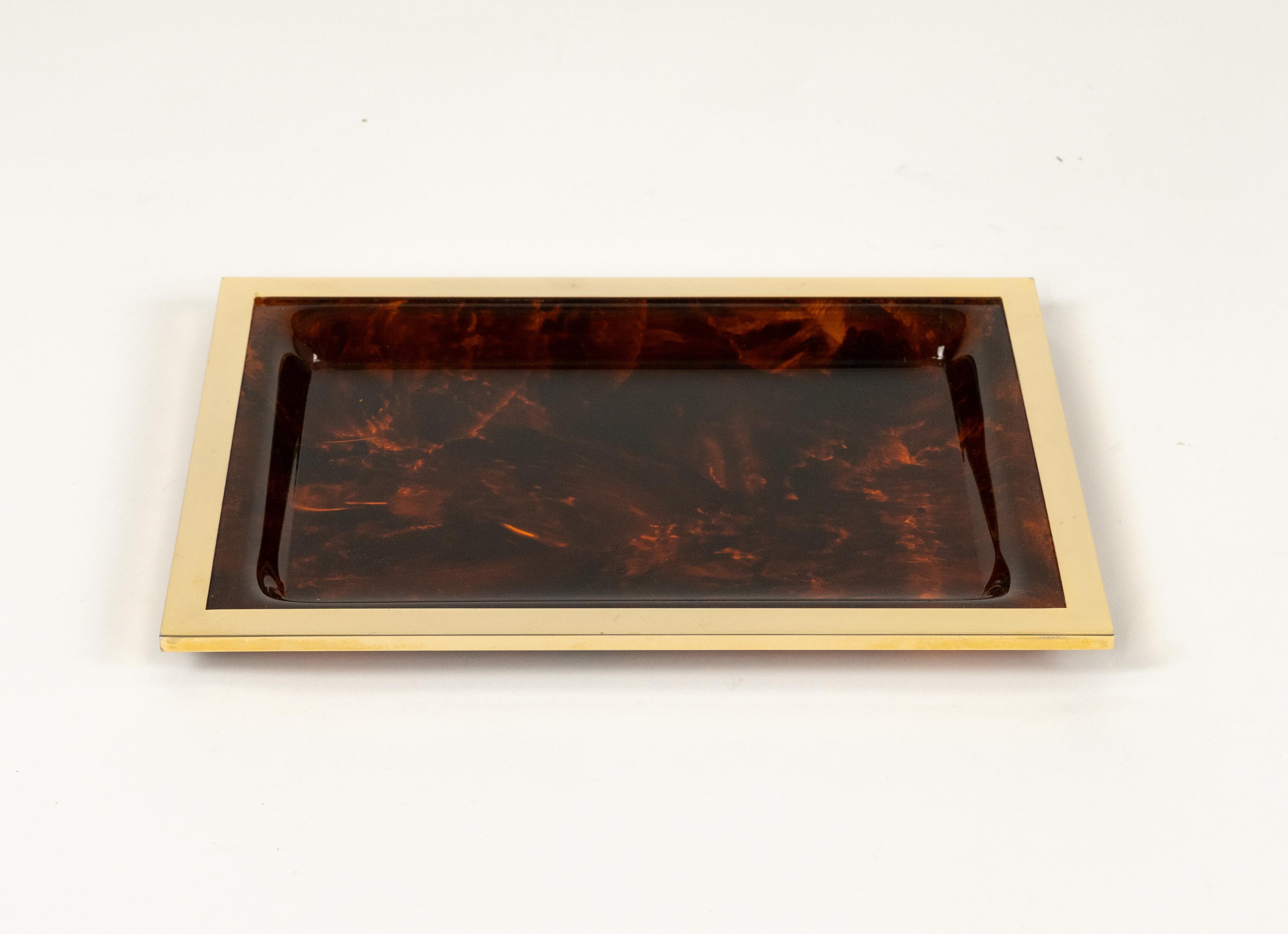 Metal Serving Tray Faux Tortoiseshell Lucite & Brass Christian Dior Style, Italy 1970 For Sale