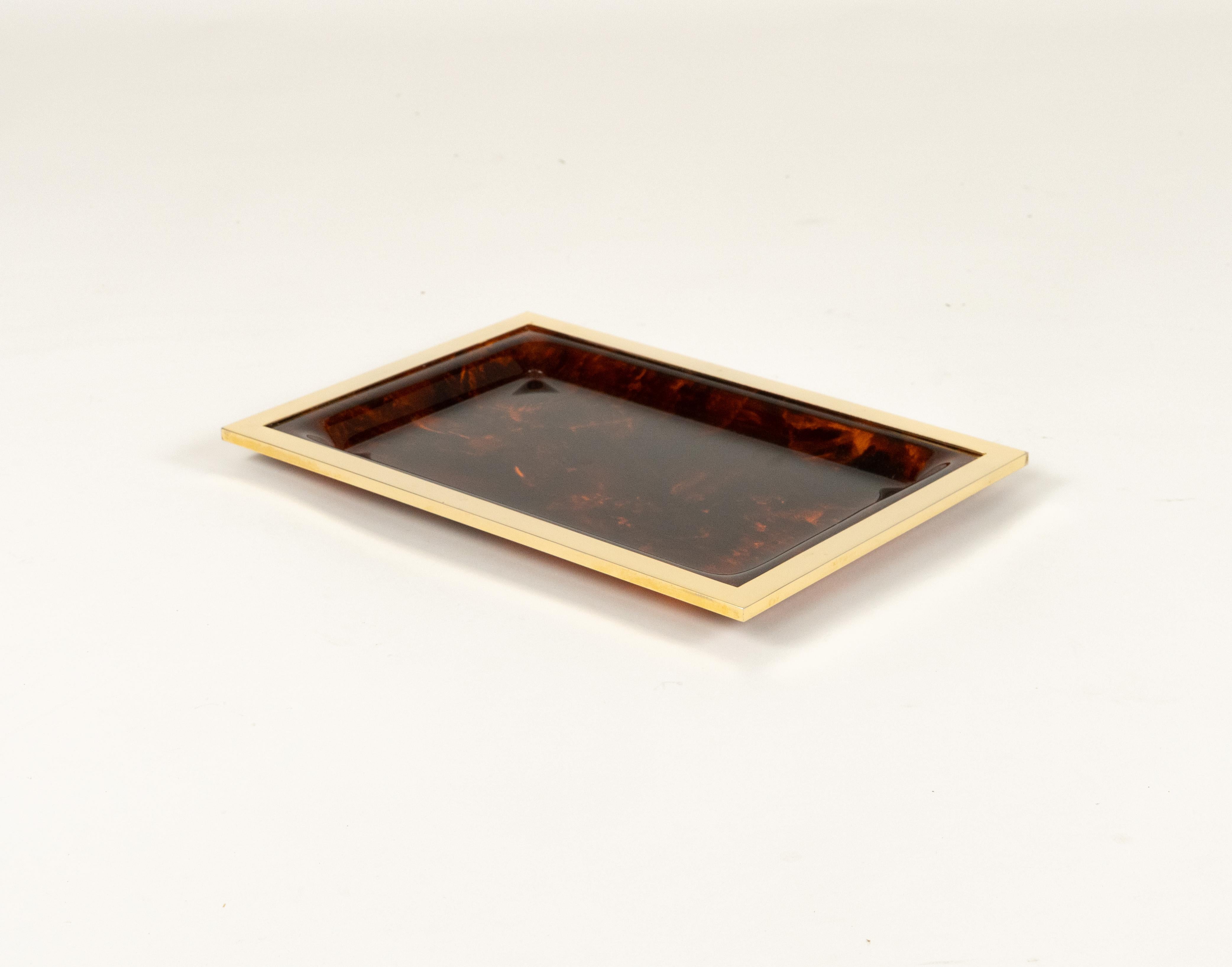 Serving Tray Faux Tortoiseshell Lucite & Brass Christian Dior Style, Italy 1970 For Sale 1