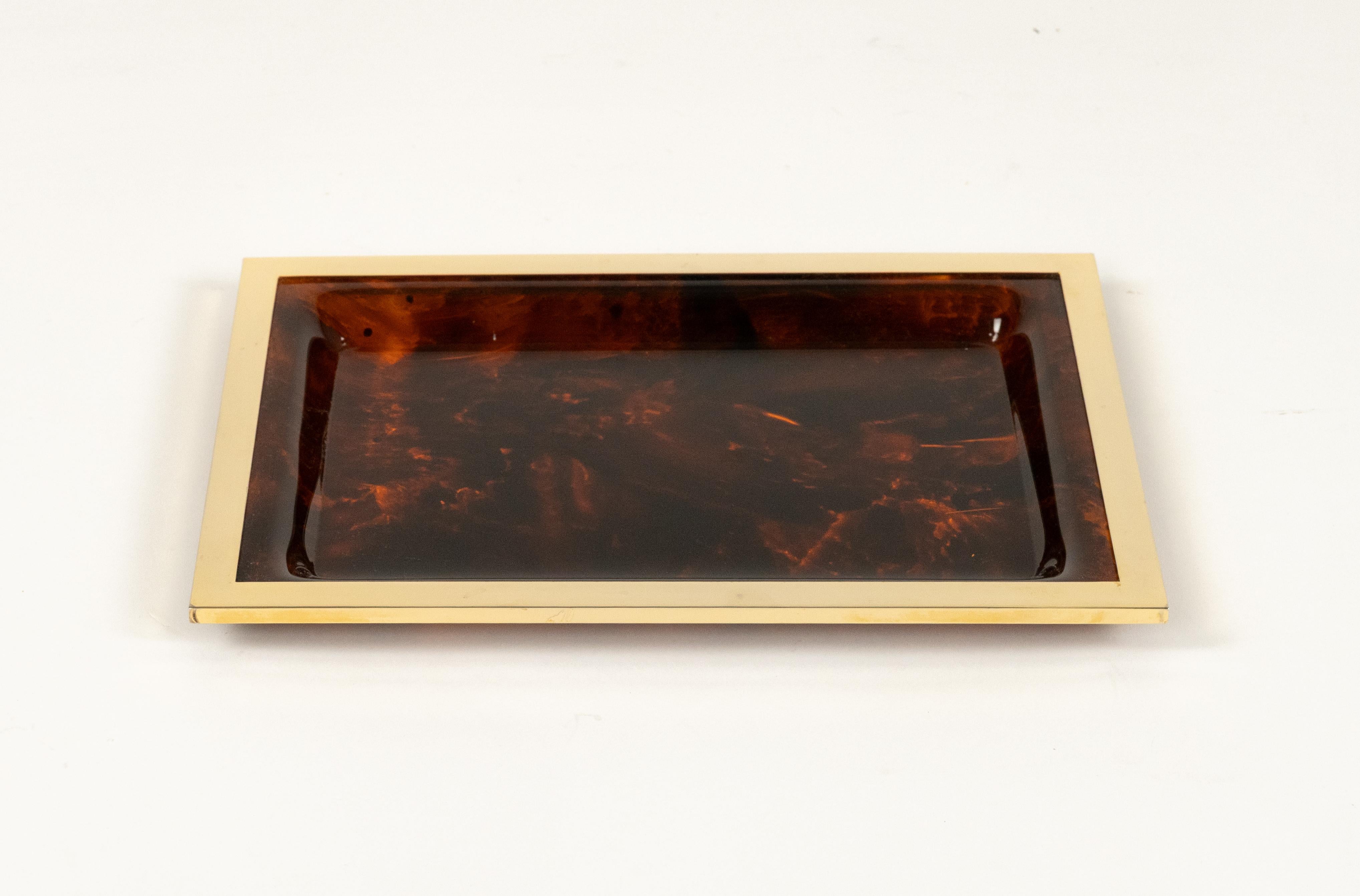 Serving Tray Faux Tortoiseshell Lucite & Brass Christian Dior Style, Italy 1970 For Sale 2